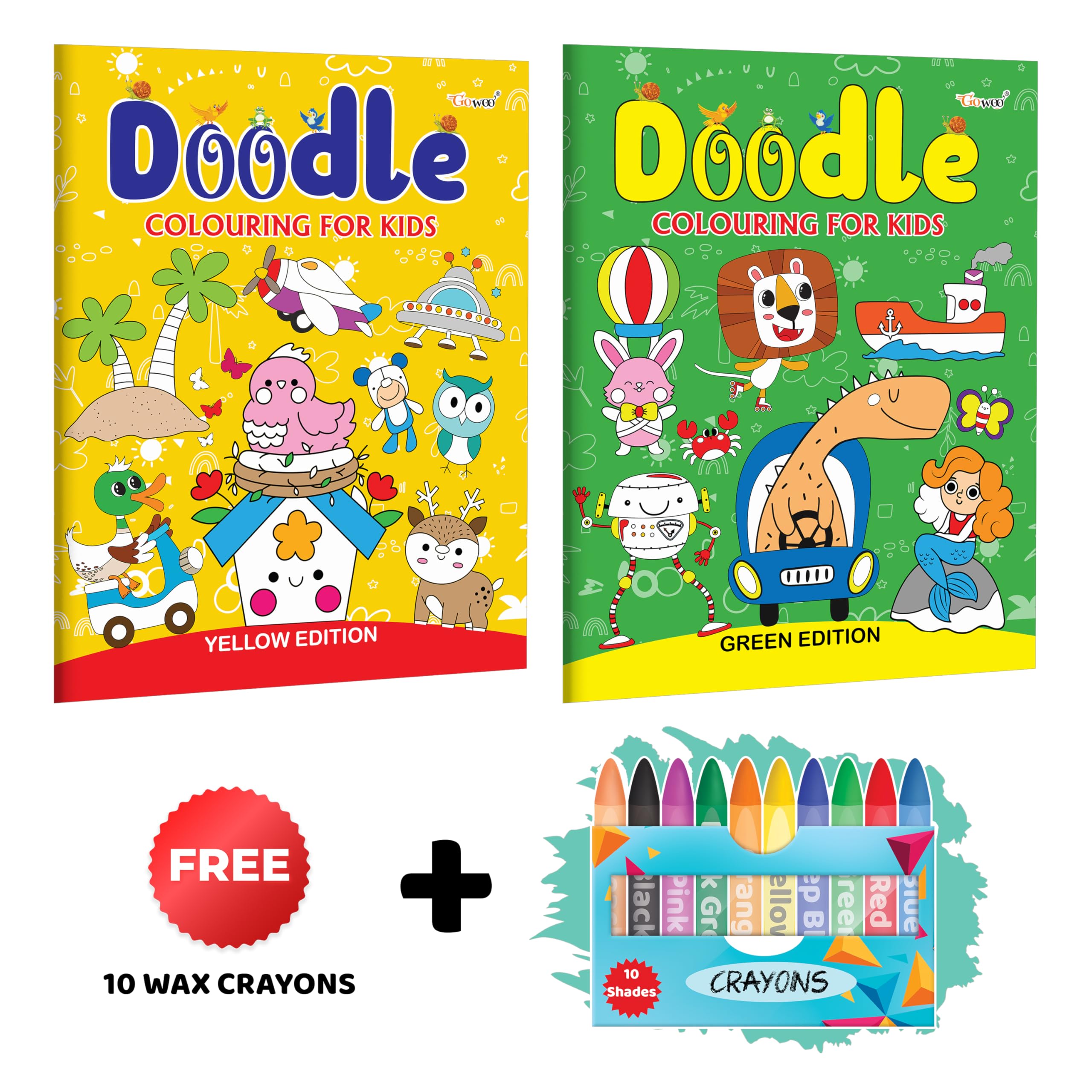 Doodle Colouring For Kids - Yellow And Green Edition With 10 Wax Crayons : Educational Coloring Book For Children, Toddlers Colouring Book, Coloring Book For Preschoolers | Combo Of 2 Colouring Books
