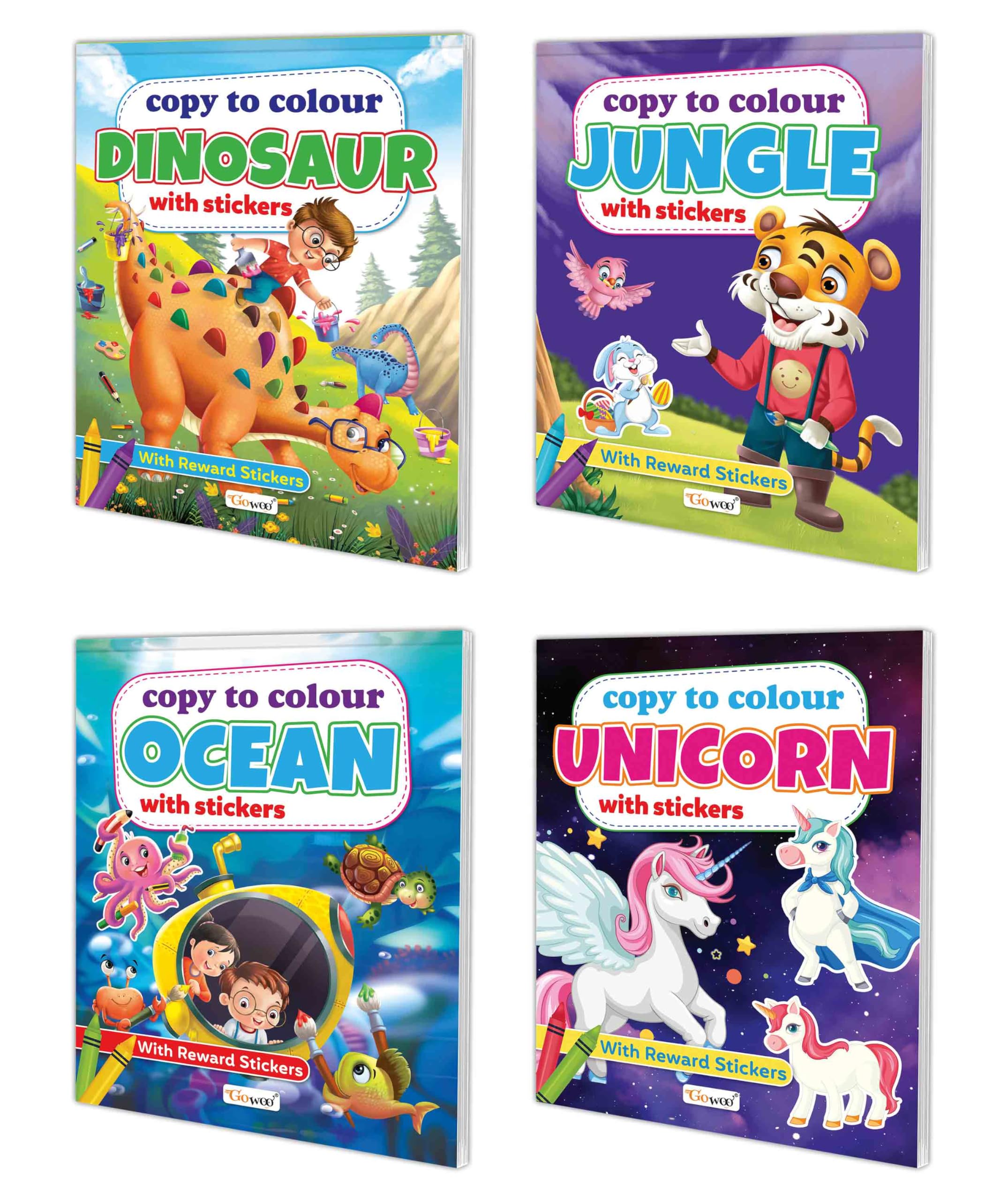 Copy To Colour Dinosaurs, Jungle, Ocean And Unicorn With Stickers Book For Kids (Ages 3-12) : Kids Coloring Book, Creative Coloring Fun For Kids | Pack Of 4 Copy To Colour Books With Stickers.