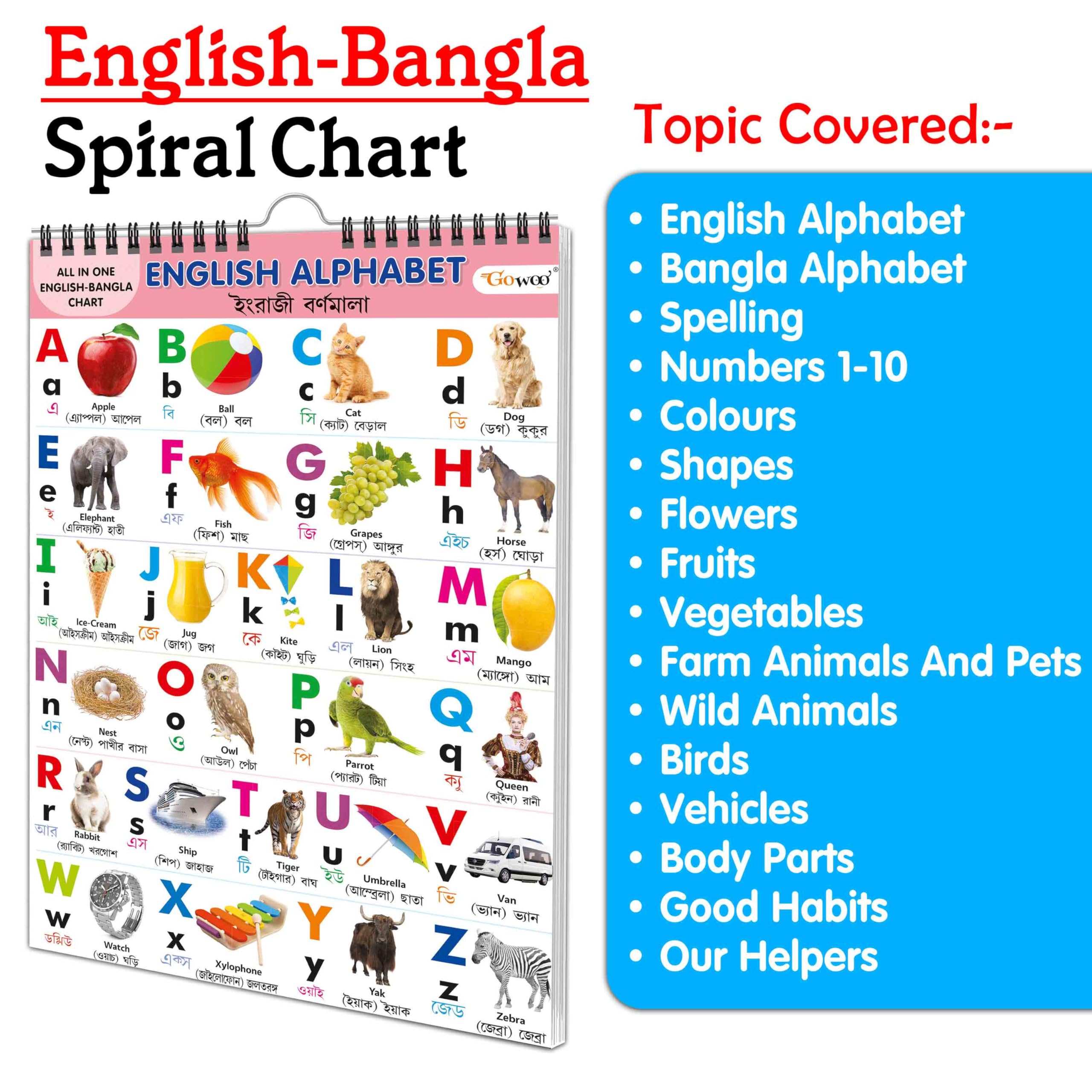 Ukg Class Picture English-Bangla Chart With 16 Topics : English Alphabet, Bengali Alphabet, Barahkhadi, Number 1-10, Colours, Shapes, Flowers, Fruits, Vegetables And Many More