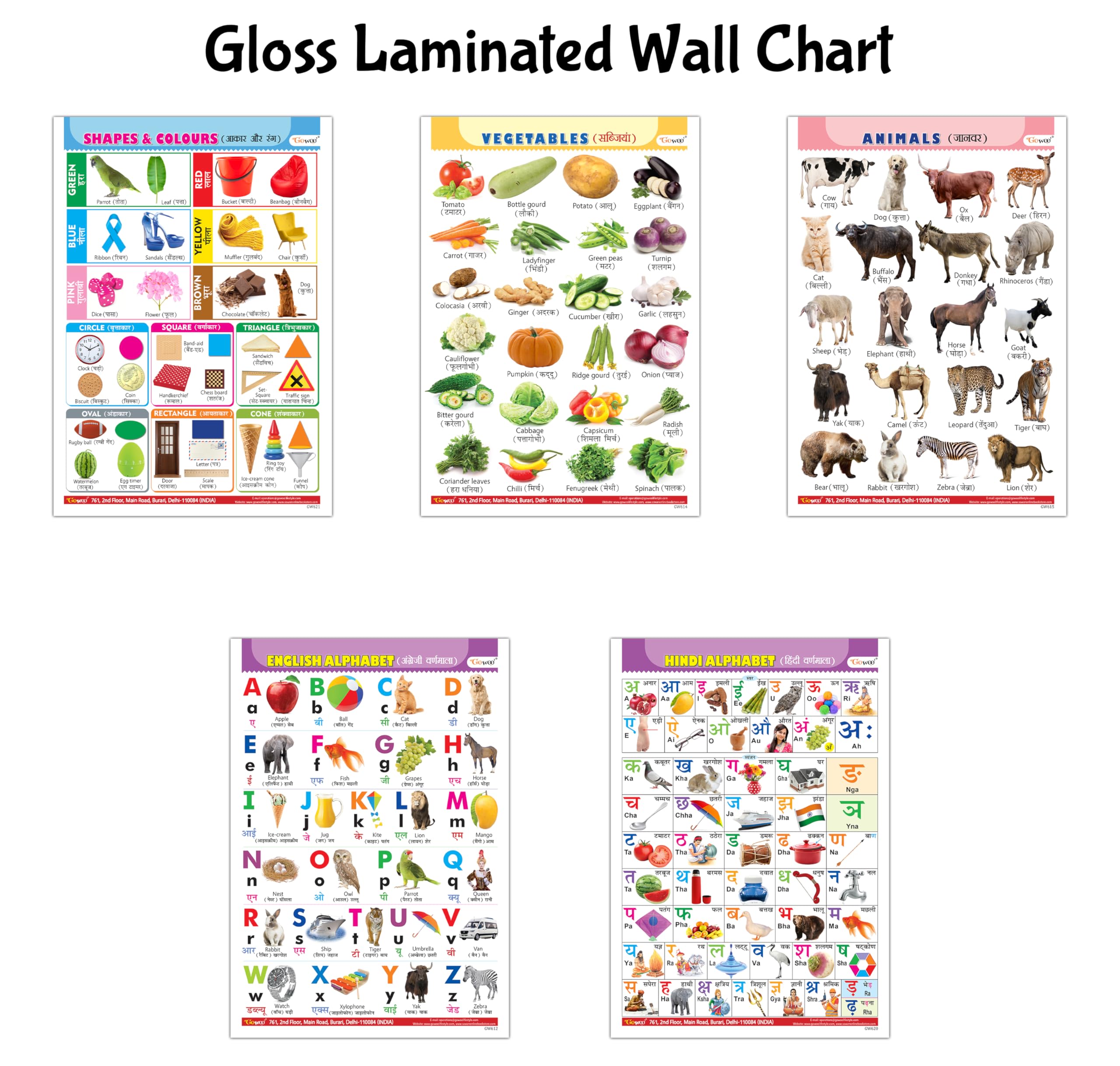 Gloss Laminated Wall Charts :- Alphabet, Vegetalbes, Animals, Hindi Varnmala And Shapes & Colours - Classroom Posters For KidS Development, Learning Poster For Toddlers | Combo Of 5 Charts