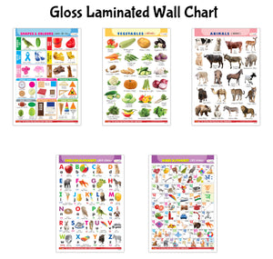 Gloss Laminated Wall Charts :- Alphabet, Vegetalbes, Animals, Hindi Varnmala And Shapes & Colours - Classroom Posters For KidS Development, Learning Poster For Toddlers | Combo Of 5 Charts