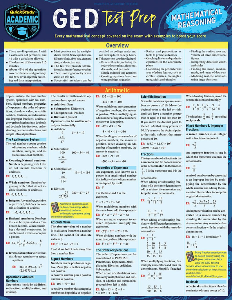 GED Test Prep Mathematical Reasoning: a QuickStudy Laminated Reference Guide (Quick Study Academic),Used