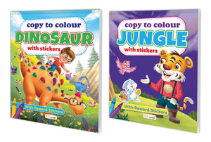 Copy To Colour Dinosaurs And Copy To Jungle With Stickers Book For Kids (Ages 3-12) : Children Colouring Book, Coloring Book With Stickers, | Pack Of 2 Copy To Colour Books For Kids With Stickers.
