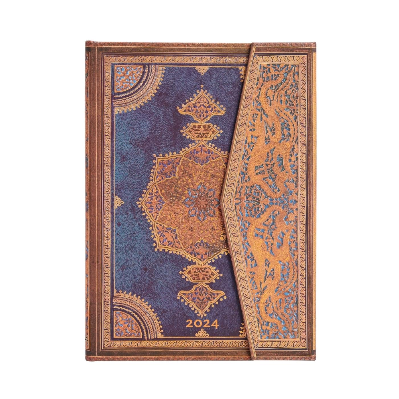 Paperblanks | French 2024 Dp Safavid Indigo | Safavid Binding Art | 12Month | Midi | Horizontal | Wrap Closure | 160 Pg | 100 G