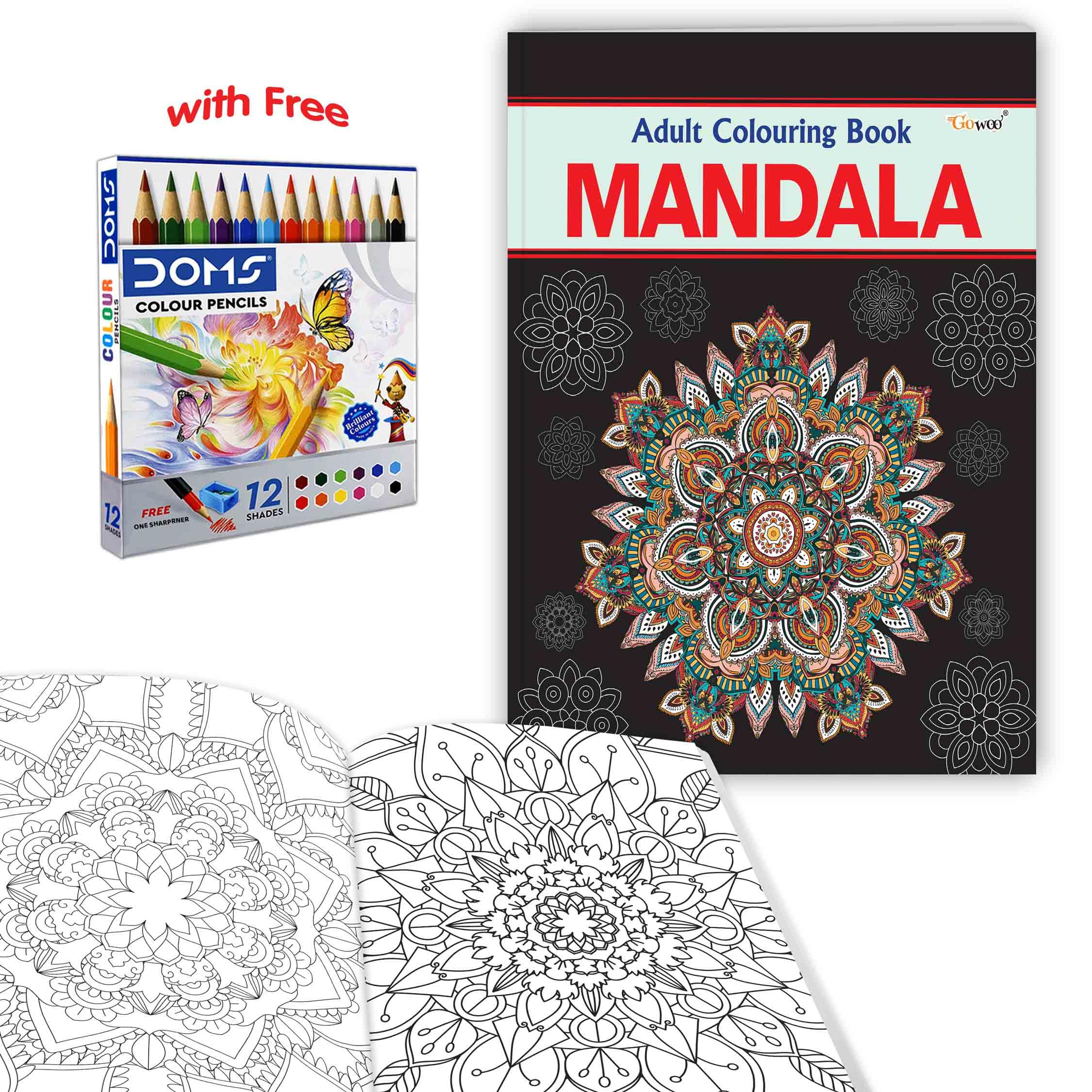 Mandala - Adult Colouring Book With 12 Colour Pencils + 1 Sharpner : Anti-Anxiety Colouring Book Set, Creative Expression Art Book, Mandala Colouring Gift Pack