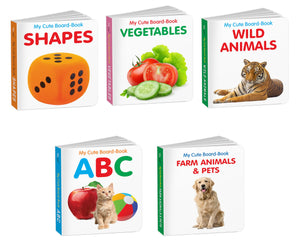 My Cute Board Book Abc, Vegetables, Wild Animals, Farm Animals & Pets And Shapes : All-In-One Learning Board Book | Pack Of 5 Books For Kids