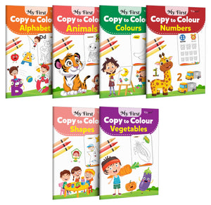 My First Copy To Colour - Alphabet, Animals, Colours, Numbers, Shapes And Vegetables : Copy And Colour Book, Early Learning Colouring Book, Art Book For Children | Pack Of 6 Copy To Colour Books
