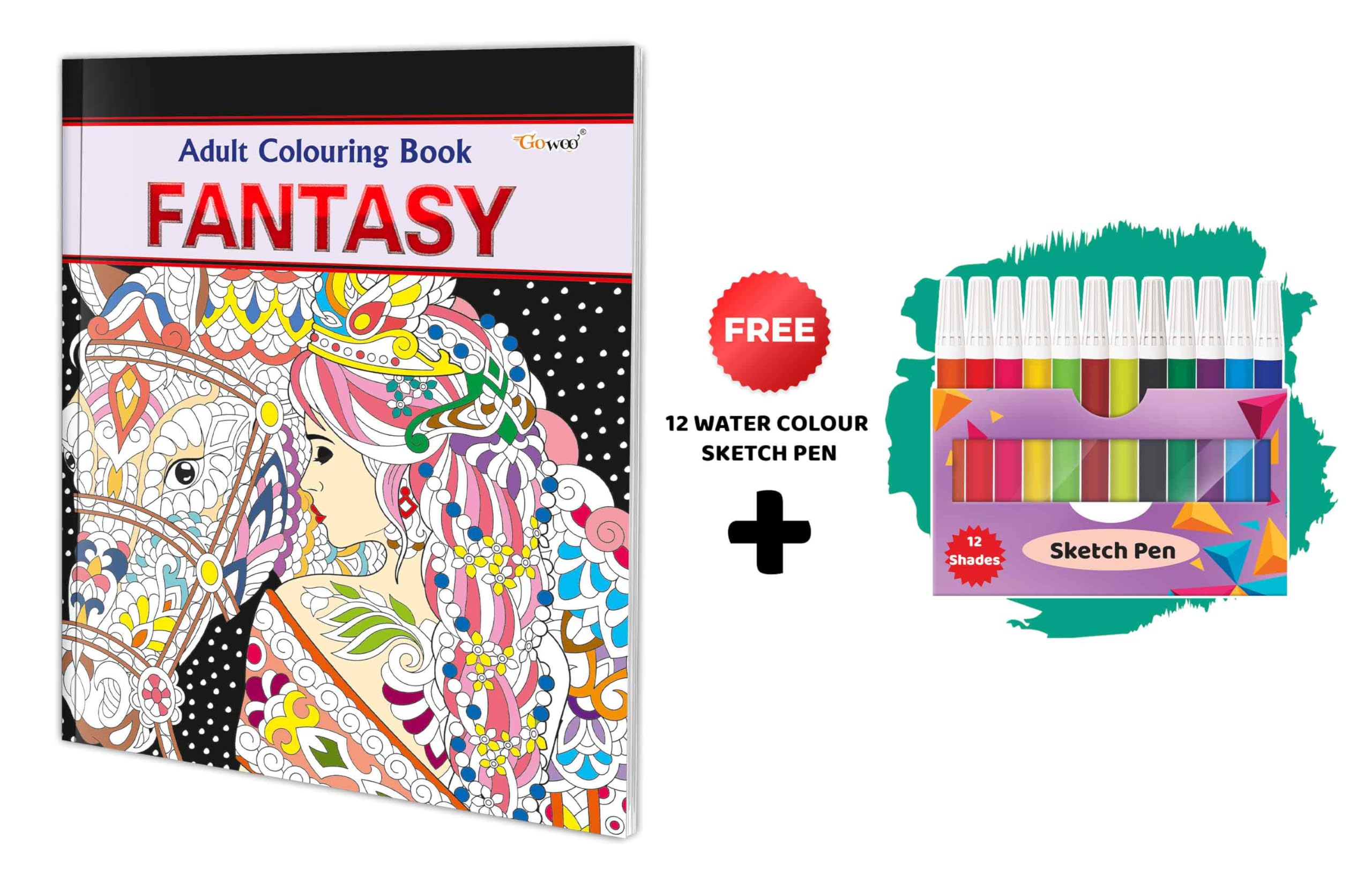 Fantasy - Adult Colouring Book With 12 Water Colour Sketch Pen : Coloring Book For Adults, Relaxing Art Coloring, Creative Coloring Book, Colouring Book For Peace And Relaxation