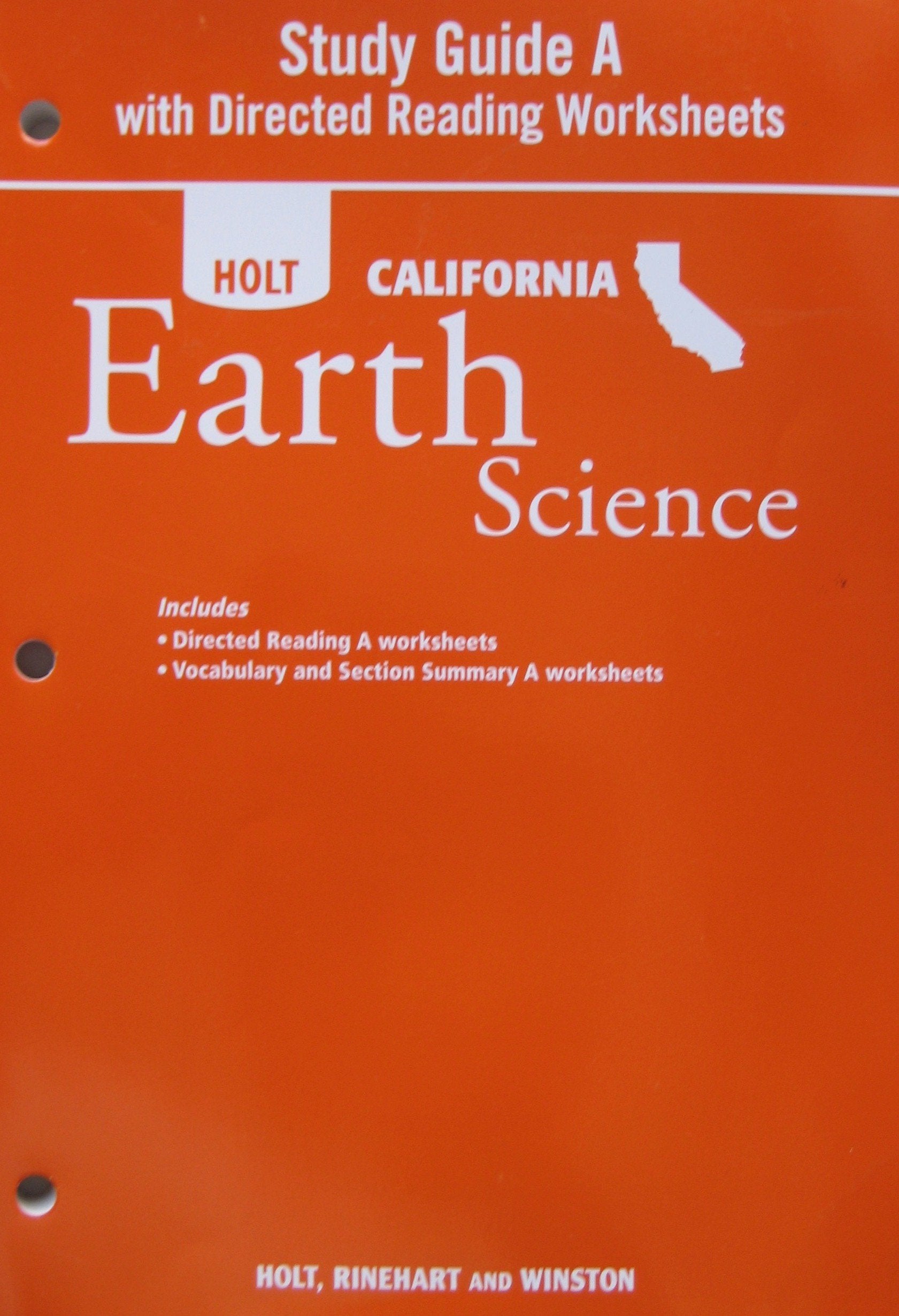 Study Guide A With Directed Readings Worksheet For Holt California Earth Science,Used