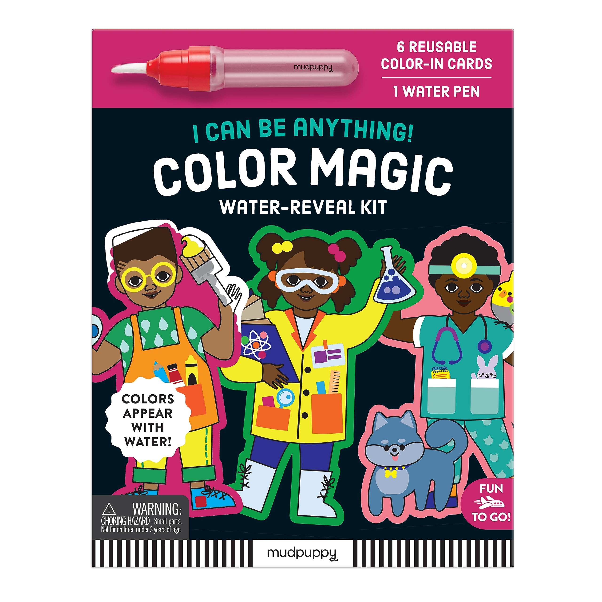 Mudpuppy I Can Be Anything!  Color Magic WaterReveal Kit With 6 Black Career Character Shaped Reusable ColorIn Cards And Refi