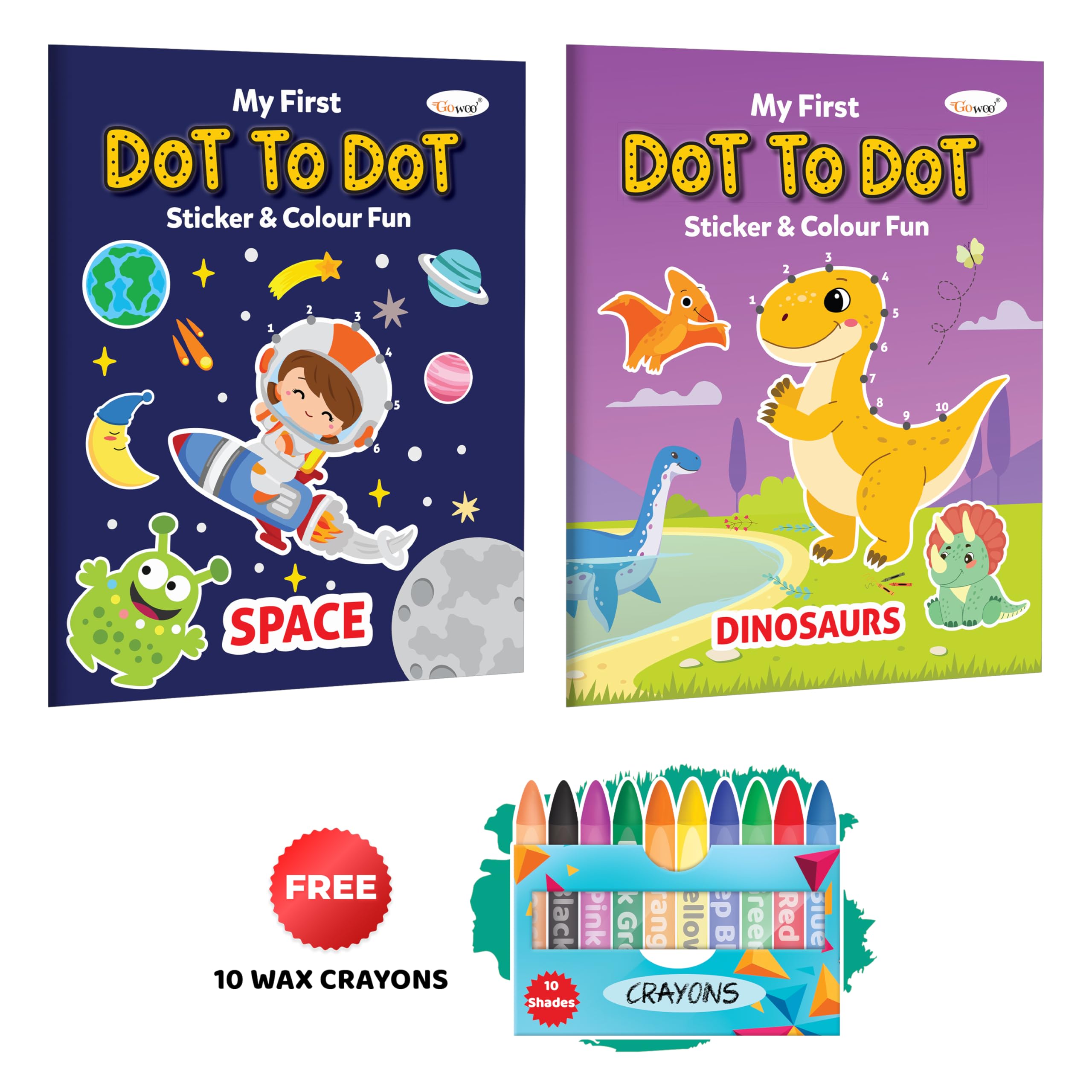 My First Dot To Dot Sticker & Colour Fun - Space And Dinosaurs With 10 Wax Crayons : Sticker And Coloring Fun, Educational Fun Coloring Book, Kids Art Book | Pack Of 2 Colouring Books