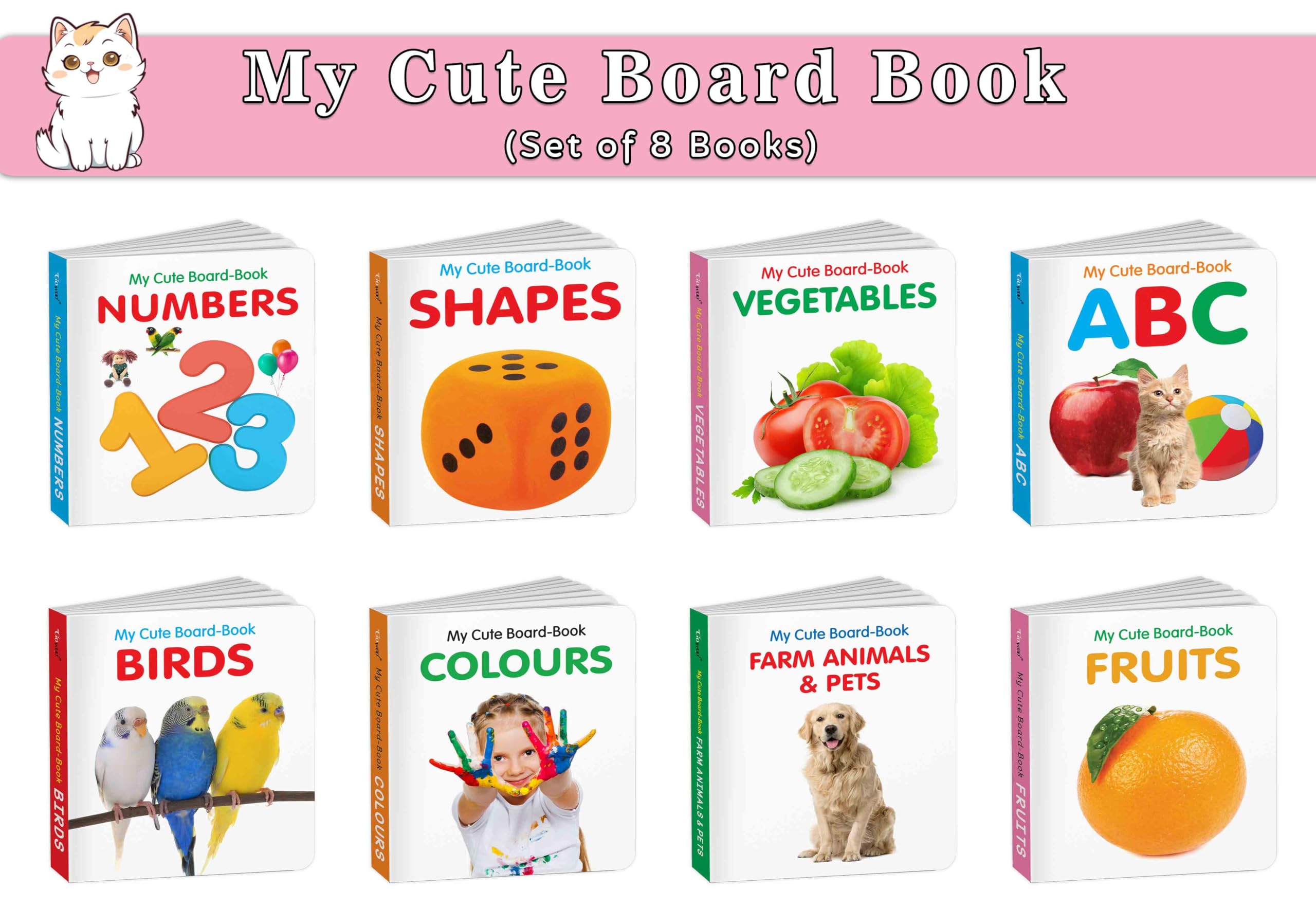 Pocket Board Book Set Of Abc, Colours, Birds, Fruits, Farm Animals & Pets, Vegetables, Shapes And Numbers - Kids Educational Board Book, Preschool Learning Books, Cute Board Book | Pack Of 8 Books
