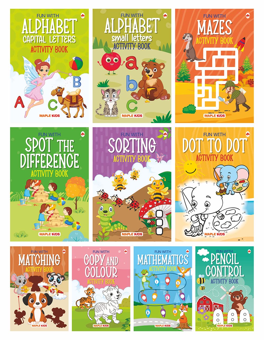 Brain Booster Activity Book Set (Set Of 10 Books) (Colourful Pages) - 3 Years To 5 Years Old - Learn And Practice Abc Capital And Small Letters, Mazes, Spot The Difference, Pencil Control, Dot To Dot, Mathematics - Fun Early Learning