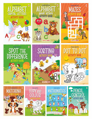 Brain Booster Activity Book Set (Set Of 10 Books) (Colourful Pages) - 3 Years To 5 Years Old - Learn And Practice Abc Capital And Small Letters, Mazes, Spot The Difference, Pencil Control, Dot To Dot, Mathematics - Fun Early Learning