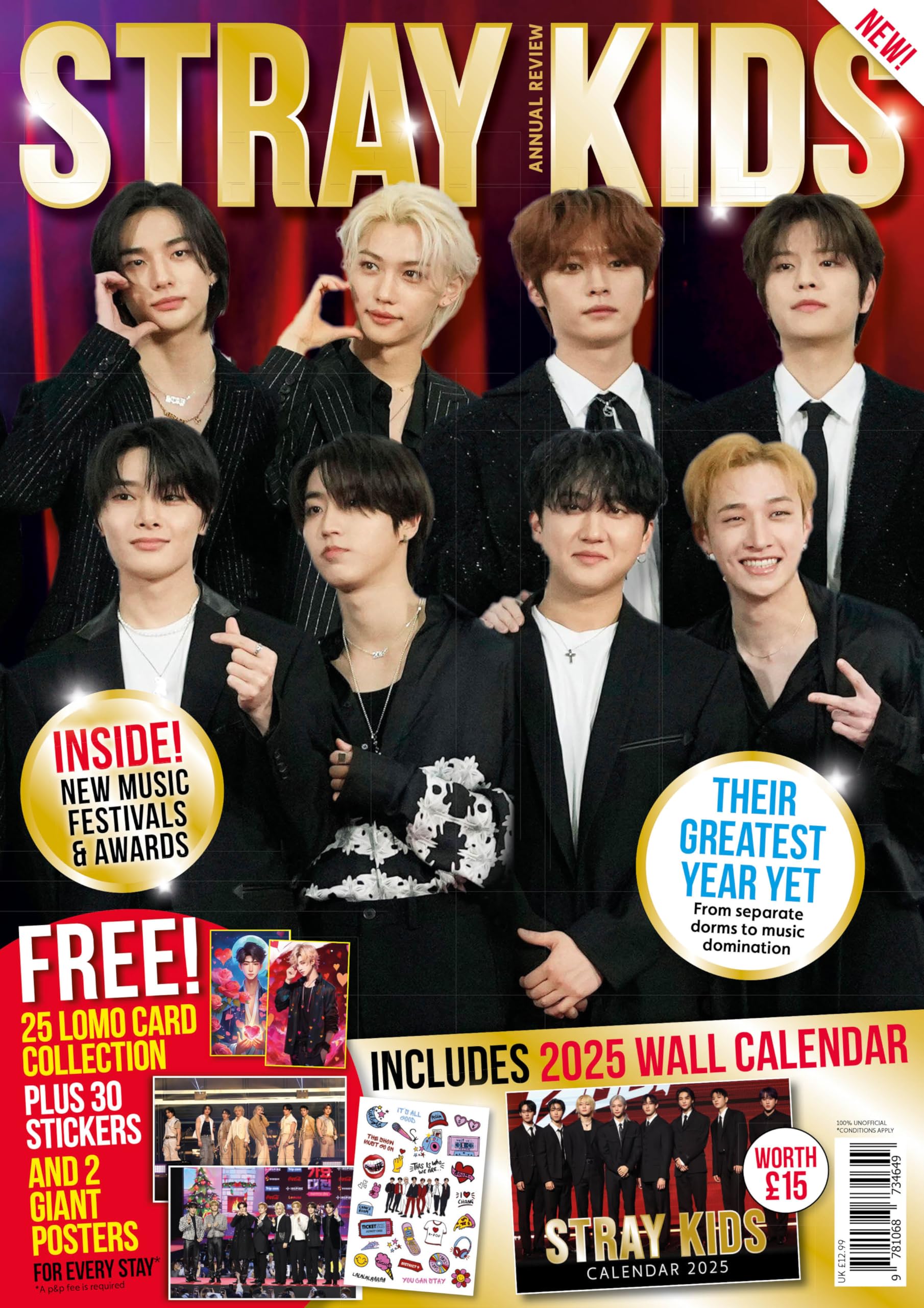 Stray Kids Annual Review Magazine, 2025 Wall Calendar, 30 Exclusive Stickers, 2 Giant Posters and 25 Lomo Cards (P&P