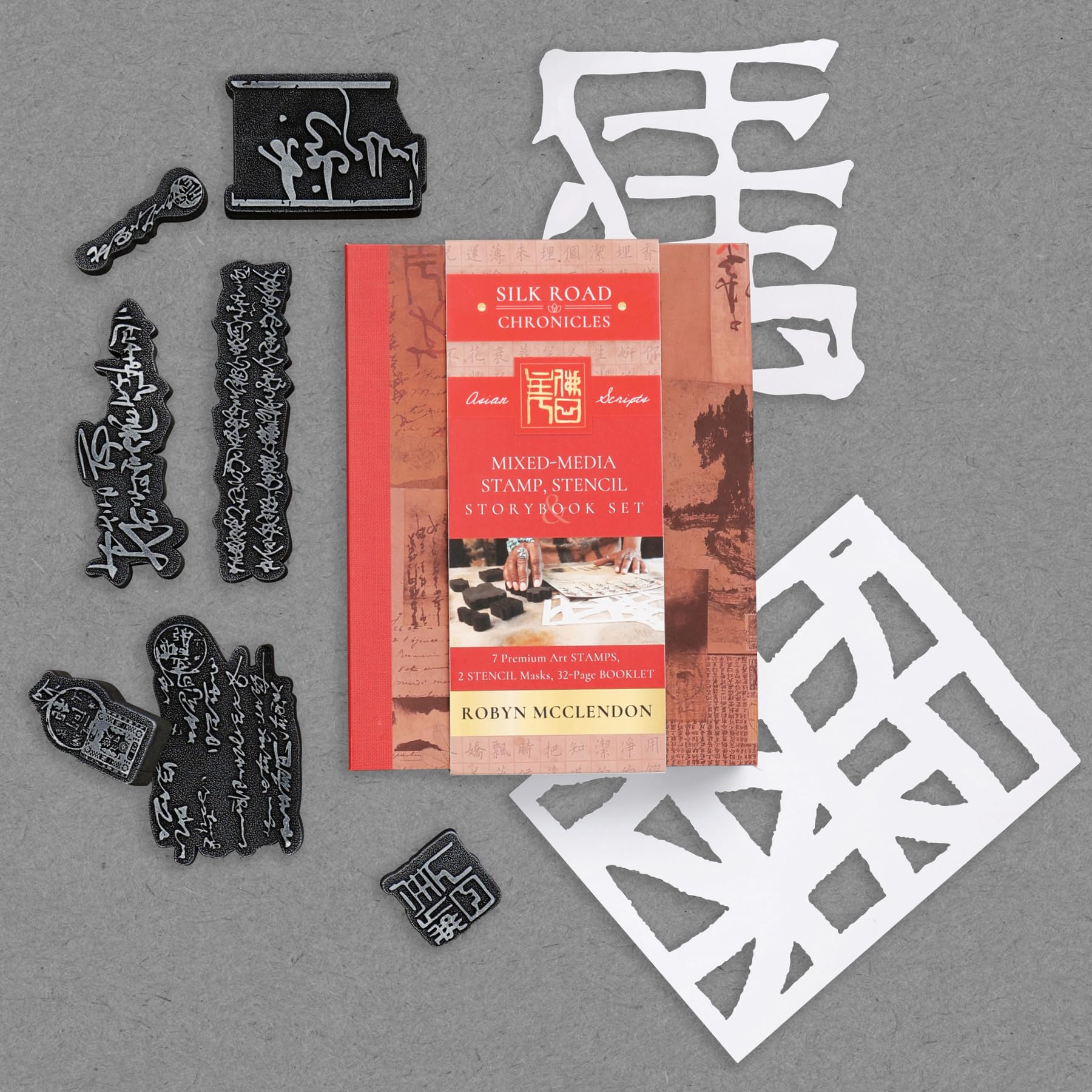MixedMedia Stamp, Stencil, And Storybook Set Asian Scripts: 7 Premium Art Stamps, 2 Stencil Masks, And 32Page Instruction Book