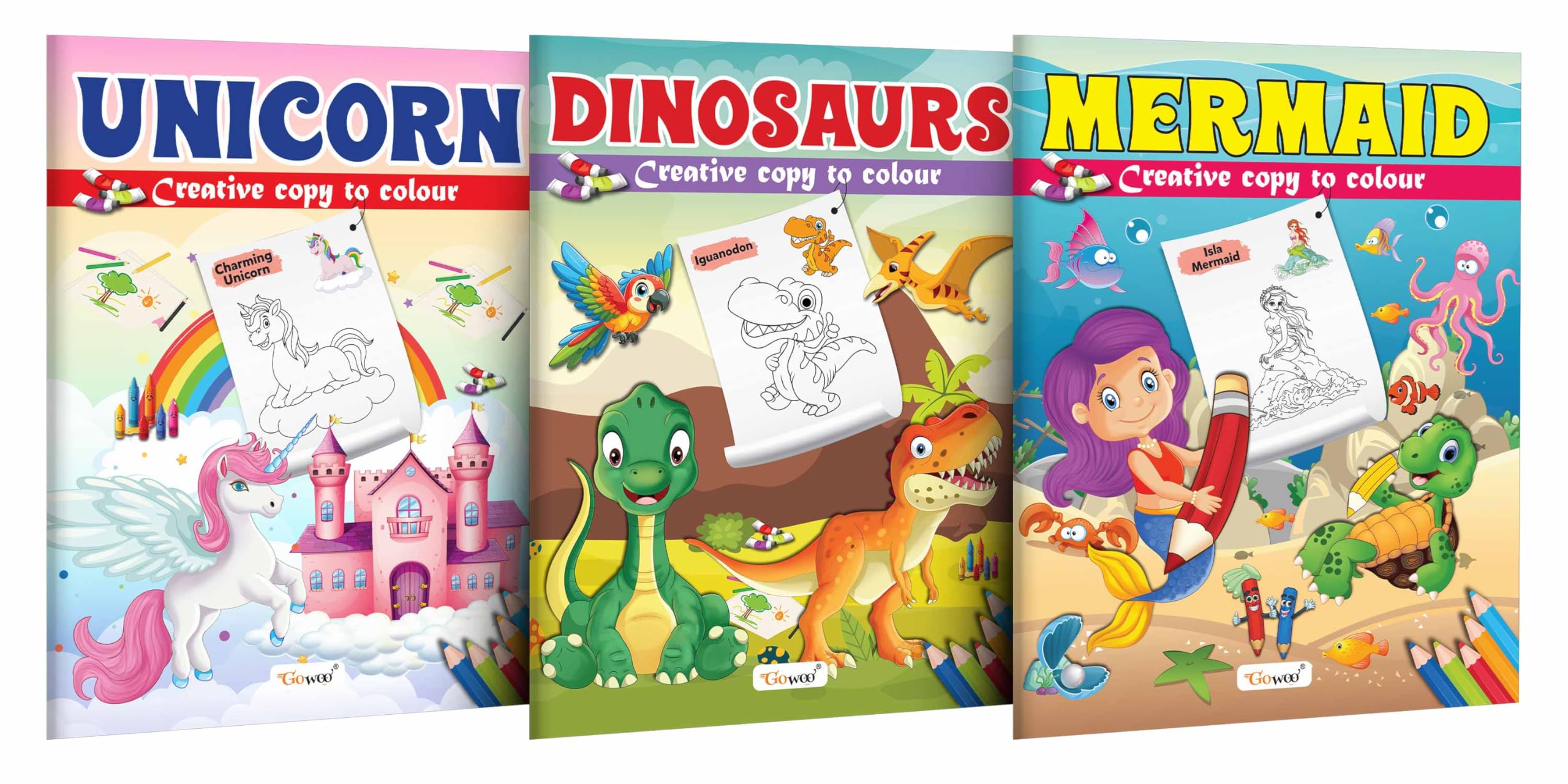 Unicorn, Dinosaurs And Mermaid - Creative Copy To Colour Book : Fun Coloring Book For Toddlers, Kids Art And Colouring Book, Copy To Colour Book For Ages 3-12 | Pack Of 3 Copy Colouring Books