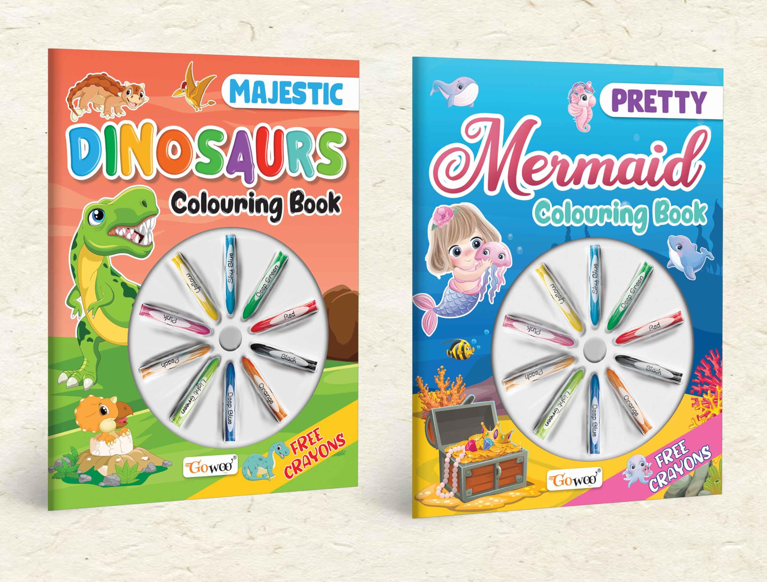 Pretty Mermaid Colouring Book & Majestic Dinosaur Colouring Book With Crayons |Combo Of 2 | Mermaid Dreams And Dino Wonders Coloring