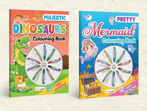Pretty Mermaid Colouring Book & Majestic Dinosaur Colouring Book With Crayons |Combo Of 2 | Mermaid Dreams And Dino Wonders Coloring