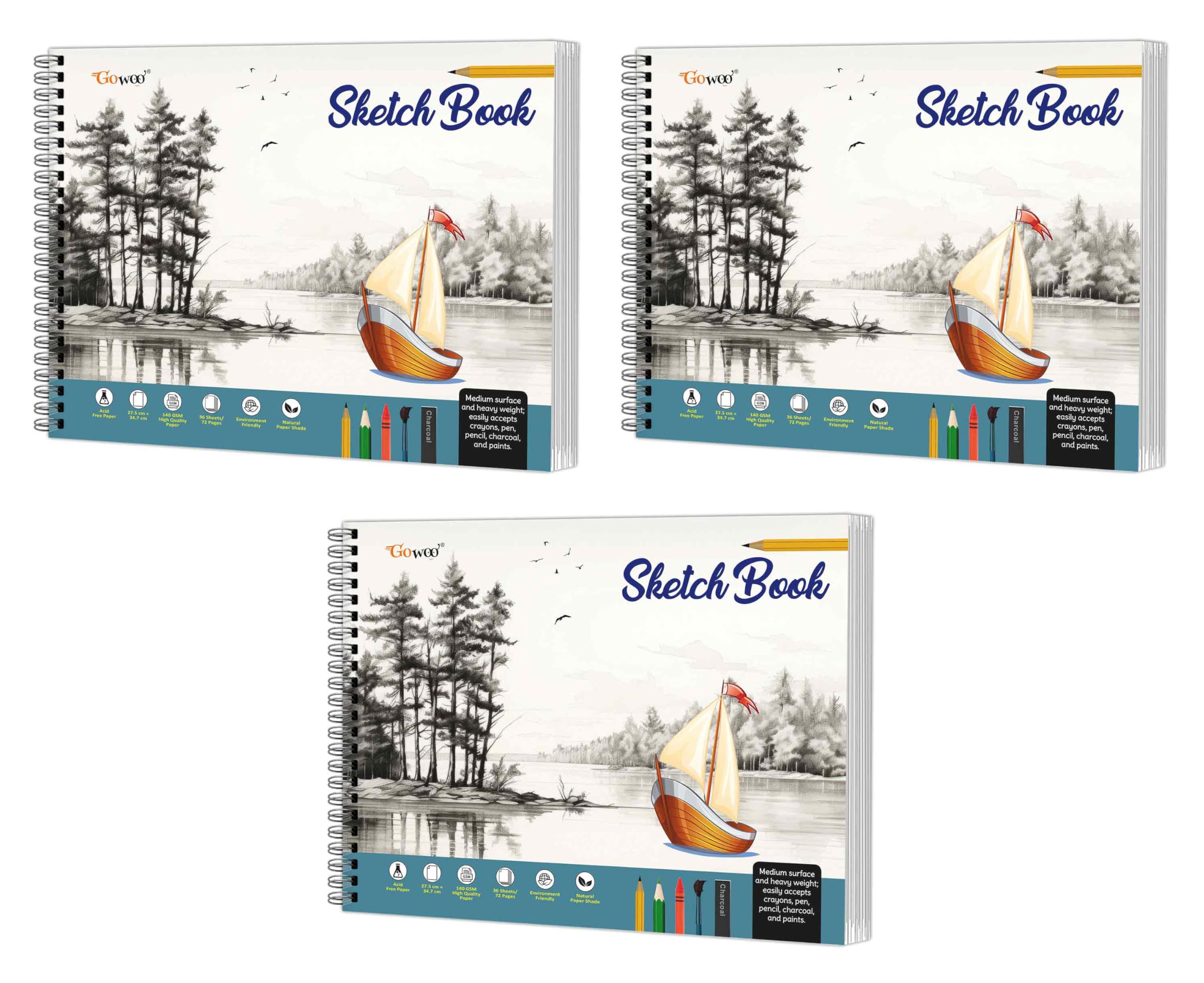 Big Size Pemium Sketch Book : Sketch Book For Drawing And Painting, 140 Gsm Acid Free Thick Paper, (27.5 X 34.7 Cm), 36 Sheets Sketchpads | Pack Of 3 Sketch Books