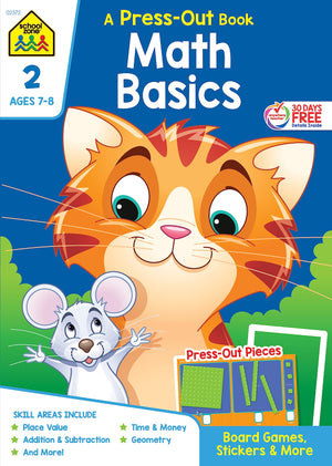 School Zone  Math Basics Pressout Workbook  64 Pages, Ages 7 To 8, 2Nd Grade, Manipulatives, Board Games, Place Value, Additi