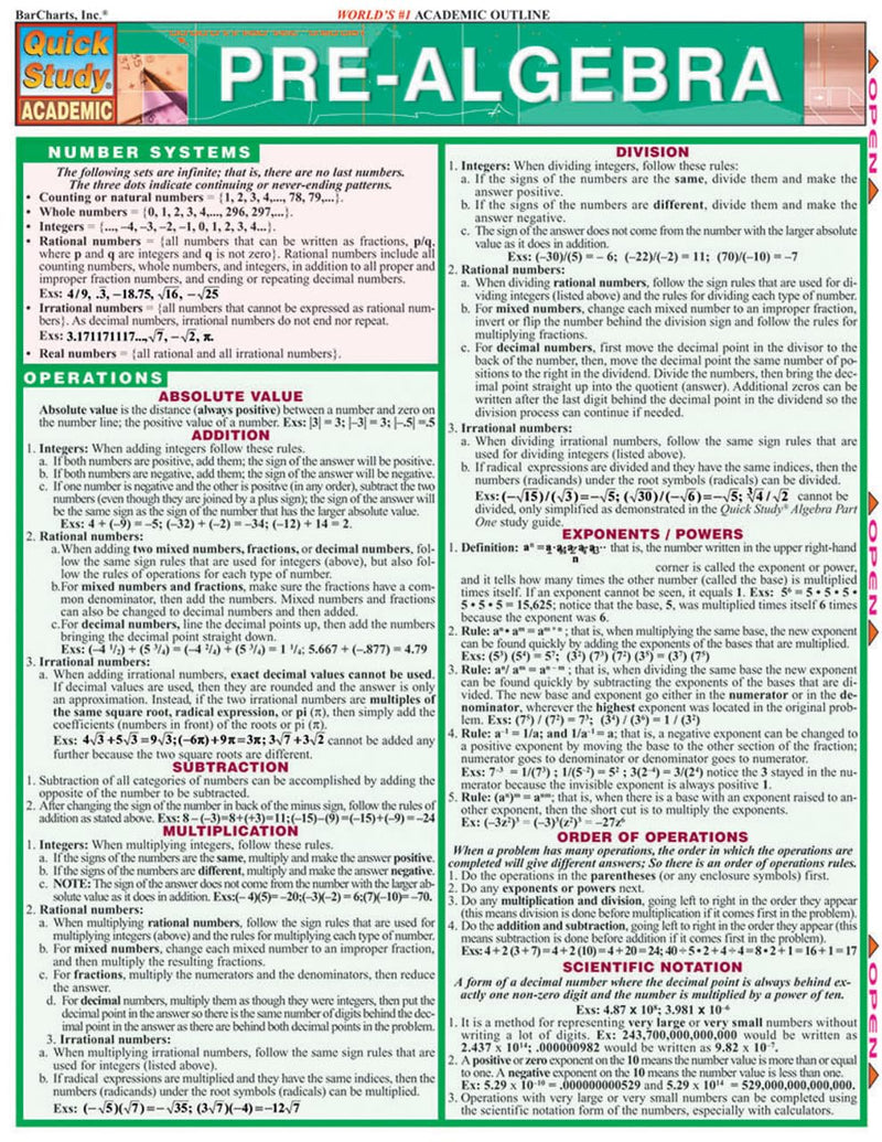 PreAlgebra QuickStudy Laminated Reference Guide (QuickStudy Academic),New