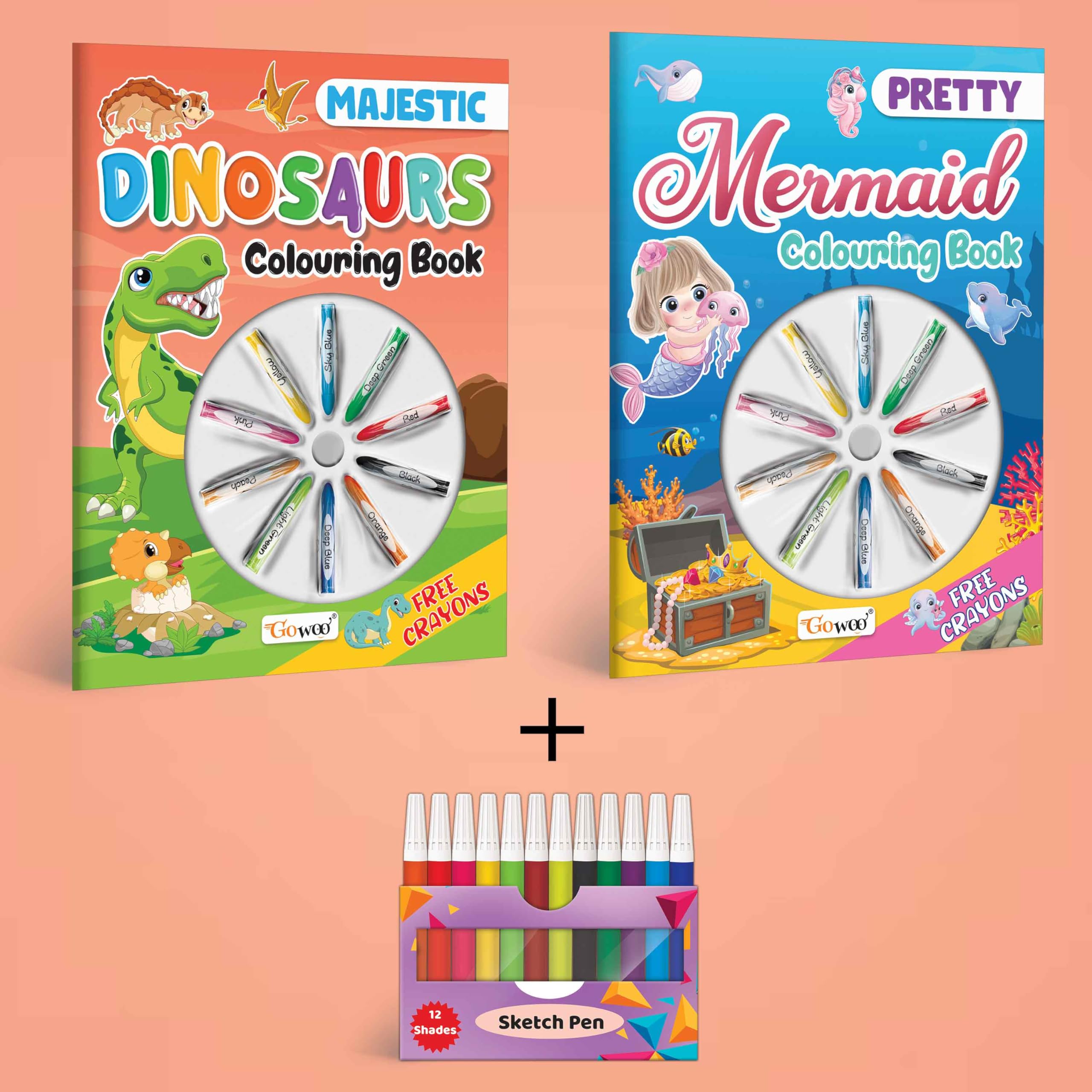 Pretty Mermaid Colouring Book , Majestic Dinosaur Colouring Book With Crayons & 12 Water Colour Sketch Pen | Combo Of 2 |Creative Wonderland Combo