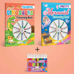 Pretty Mermaid Colouring Book , Majestic Dinosaur Colouring Book With Crayons & 12 Water Colour Sketch Pen | Combo Of 2 |Creative Wonderland Combo