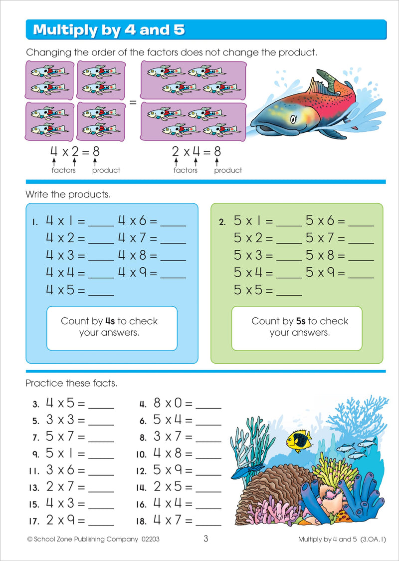 School Zone  Math Basics 3 Workbook  64 Pages, Ages 8 To 9, 3Rd Grade, Multiplication, Division, Word Problems, Place Value, F,Used