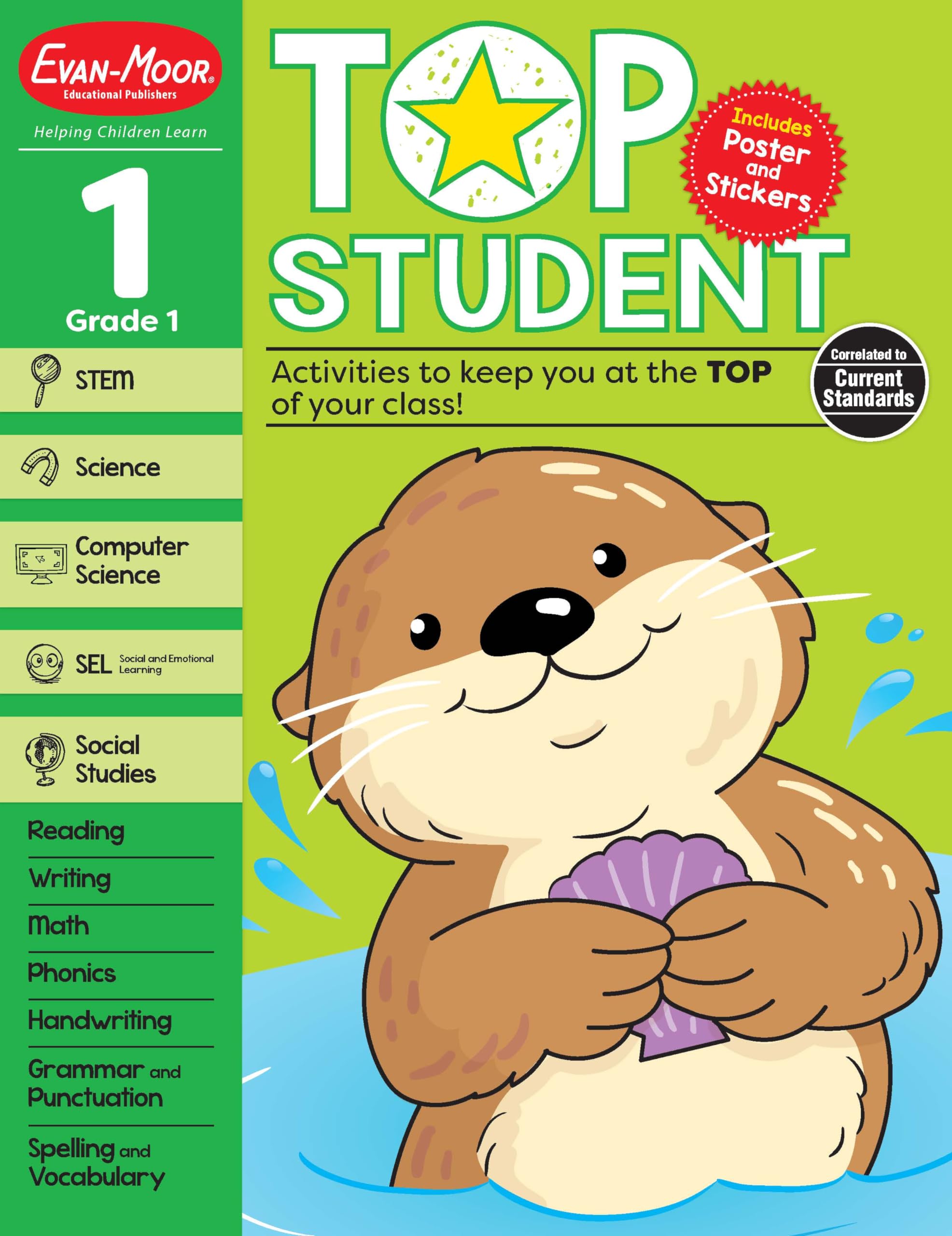 EvanMoor Top Student, Grade 1 Workbook, 352 pages, Stickers, Poster, Handwriting, Reading, Writing, Spelling, Vocabulary, Phoni,Used