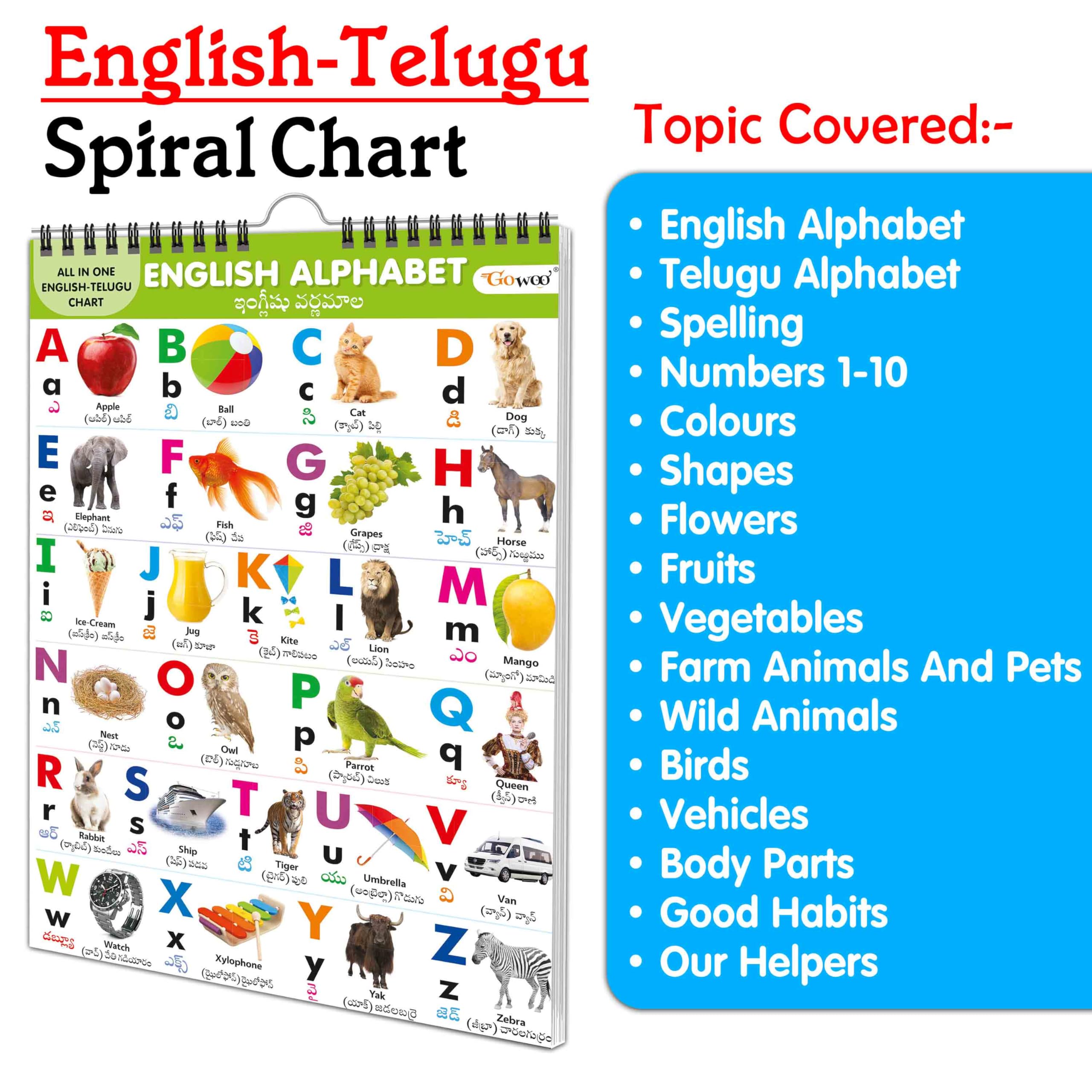 Ukg Class Picture English-Telugu Chart With 16 Topics : English Alphabet, Telugu Alphabet, Spellings, Number 1-10, Colours, Shapes, Flowers, Fruits, Vegetables And Many More