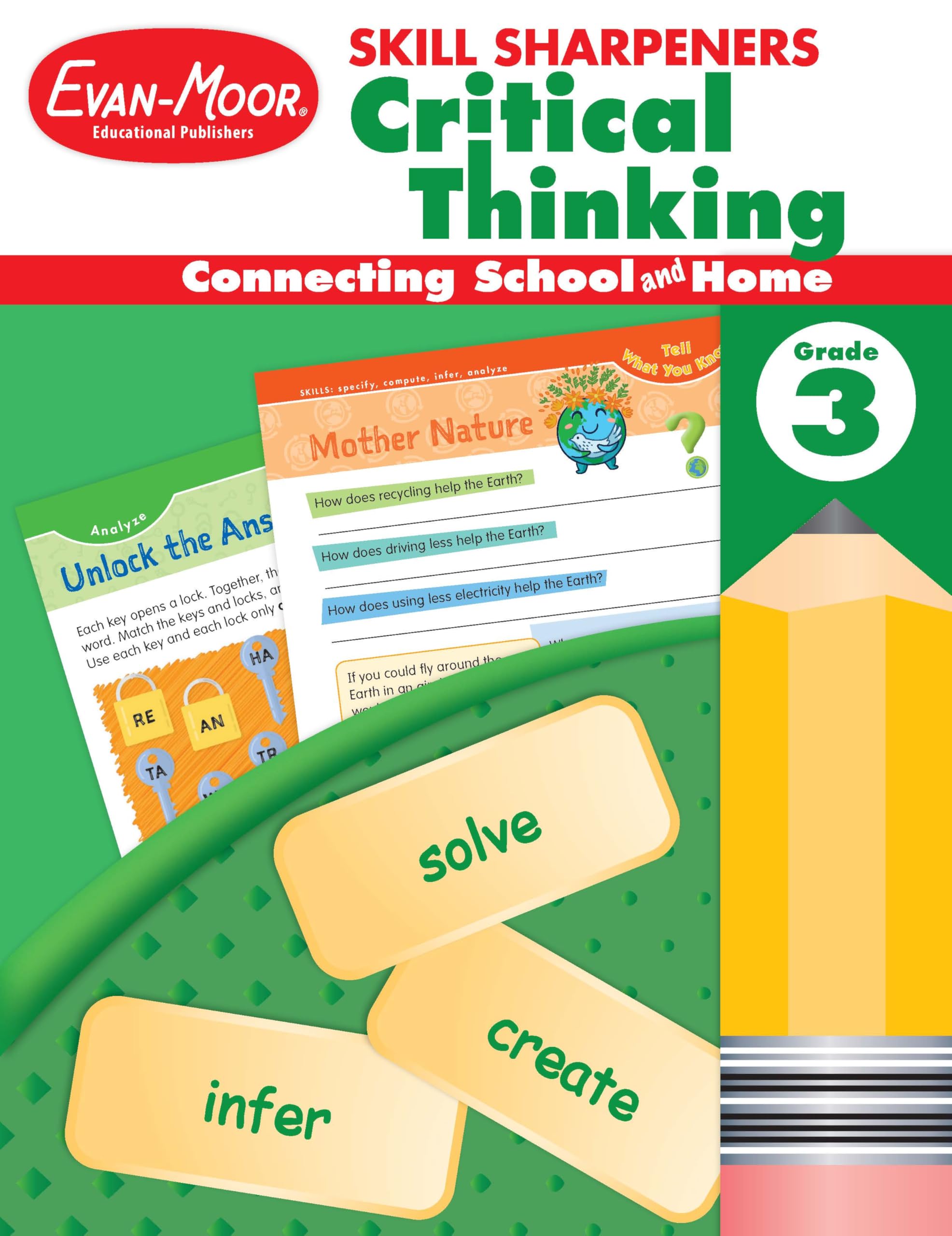 EvanMoor Skill Sharpeners Critical Thinking, Grade 3 Workbook, Problem Solving Skills, Fun Activities, HigherOrder, OpenEnded,Used