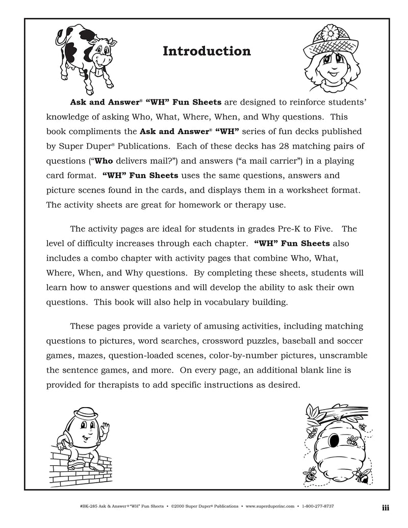 Super Duper Publications  Ask & Answer 'Wh' Fun Sheets: A Companion Book to the Ask & Answer 'Wh' Fun Deck Series  Educational R,Used