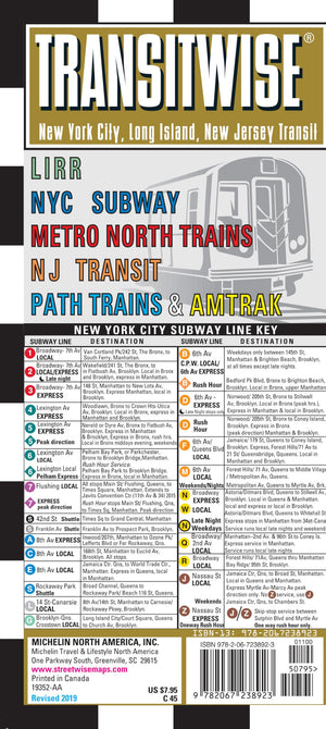 Transitwise New York, New Jersey Metro Transit Map: LIRR NYC Subway Metro North Trains NJ Transit Path Trains & Amtrak (Michelin,Used