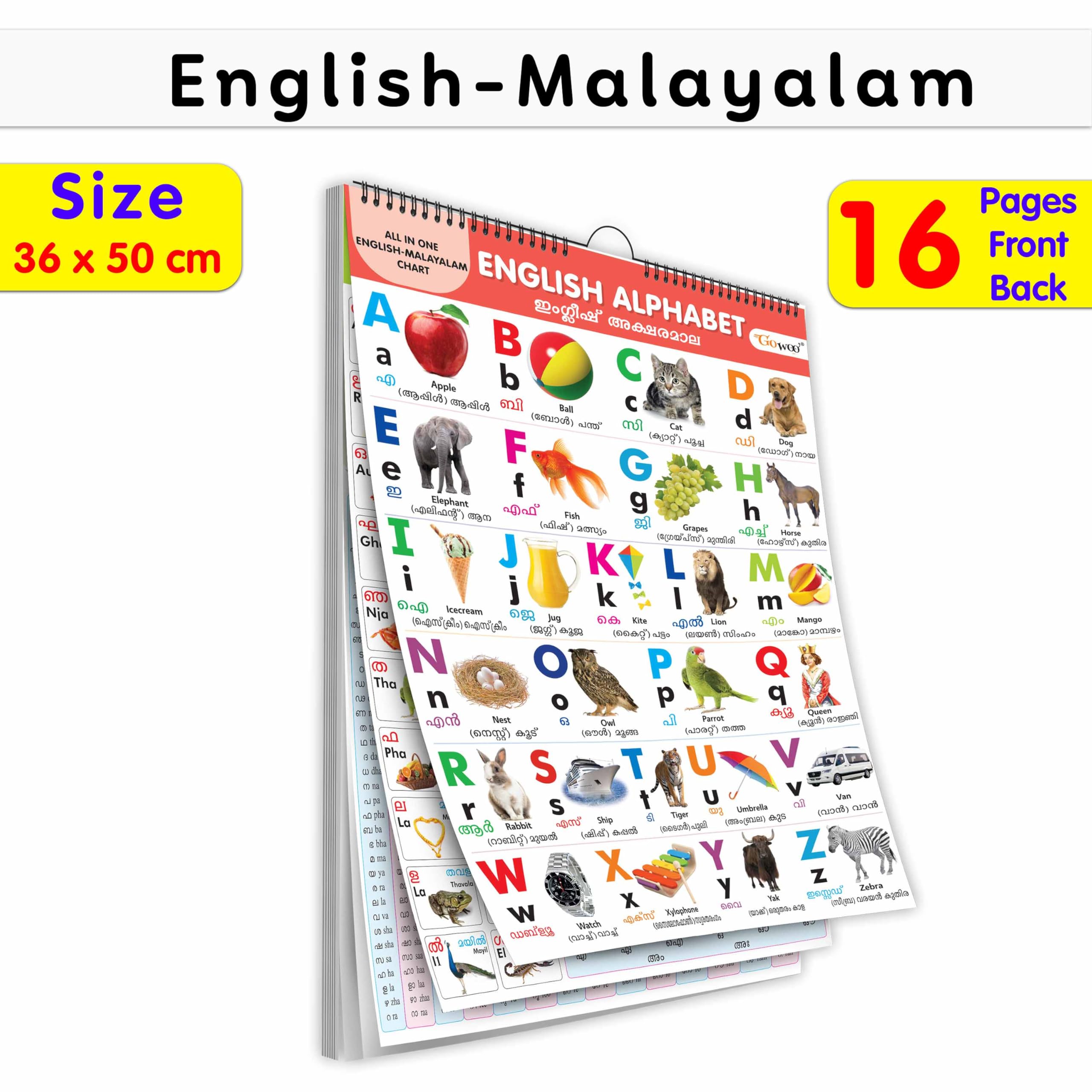 English-Malyalam Chart For Kids (16 Charts ) 36 X 50 Cm - Children Spiral Wall Picture Chart