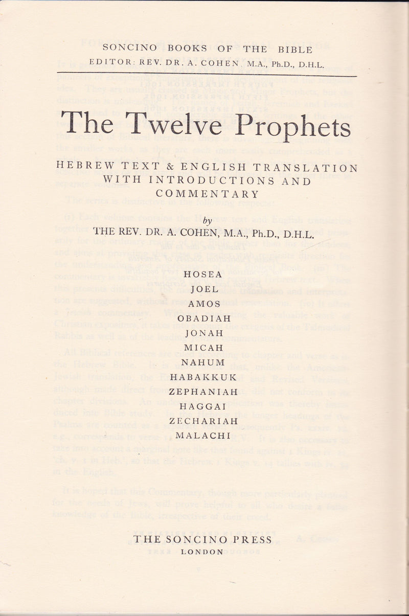 Twelve Prophets (Soncino Books of the Bible) (English and Hebrew Edition),Used
