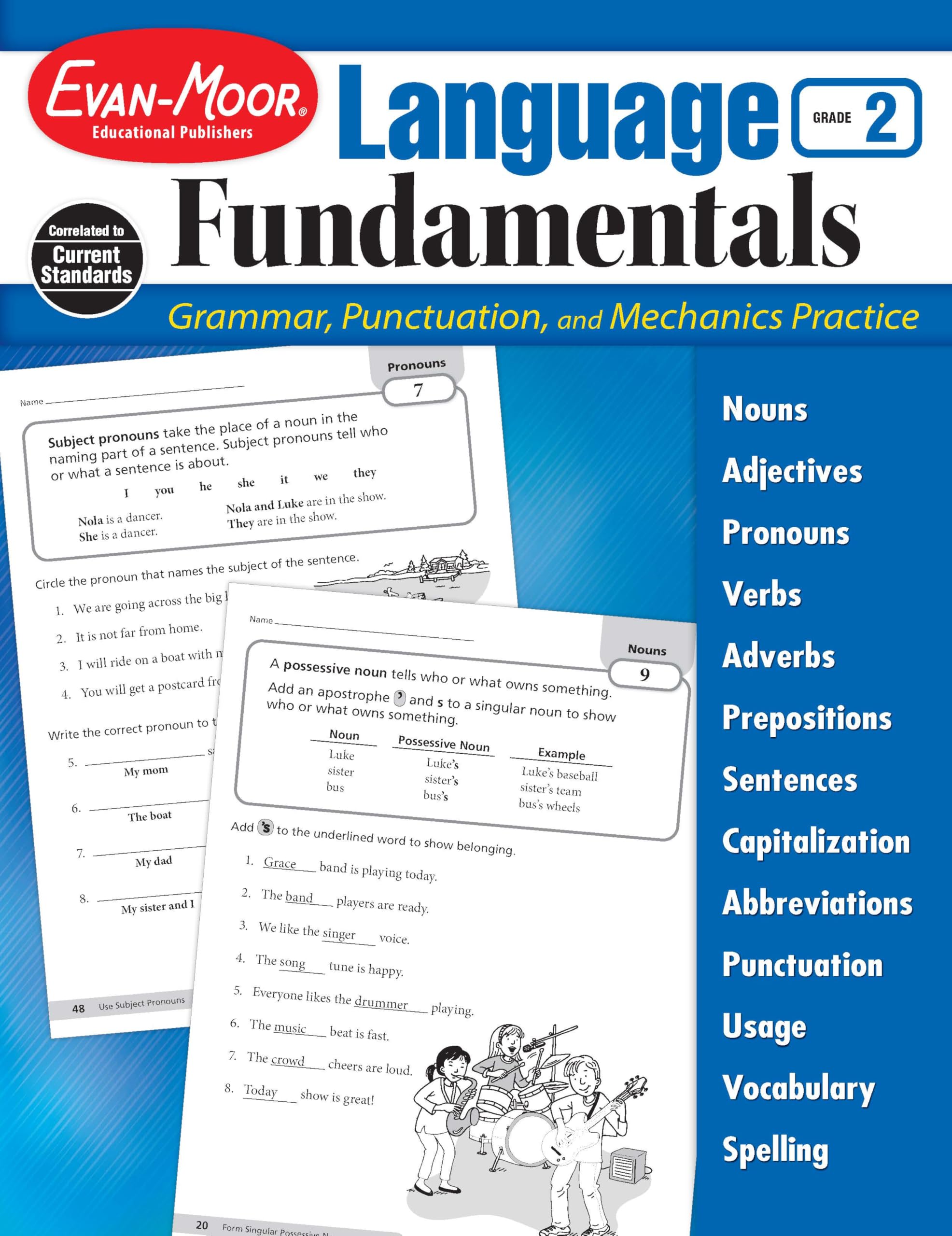 EvanMoor Language Fundamentals, Grade 2, Homeschool and Classroom Resource Workbook, Reproducible Worksheets, Nouns, Verbs, Adj,Used