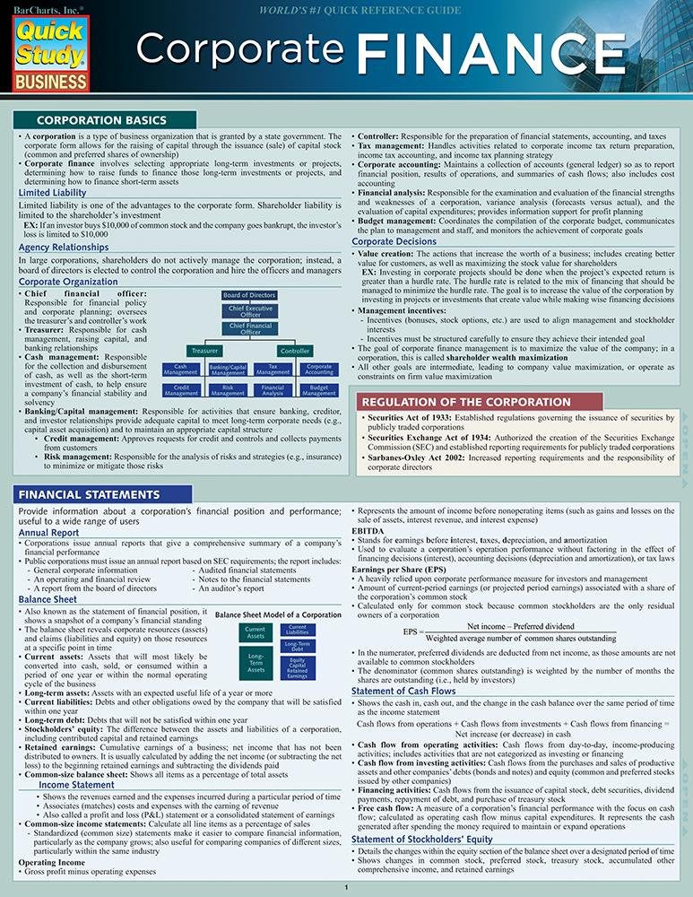 Corporate Finance: Quickstudy Laminated Reference Guide,Used