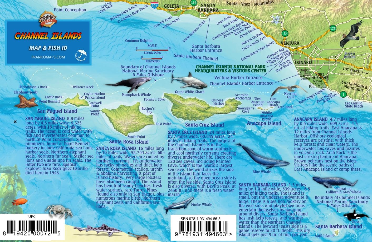 Channel Islands National Park Map & Kelp Forest Creatures Waterproof Fish Card,Used