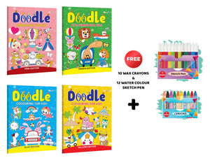 Doodle Colouring For Kids - Blue, Pink, Yellow And Green Edition With 10 Wax Crayons And 12 Water Colour Sketch Pen : Early Learning Coloring Fun, Toddler Coloring Book | Pack Of 4 Colouring Books