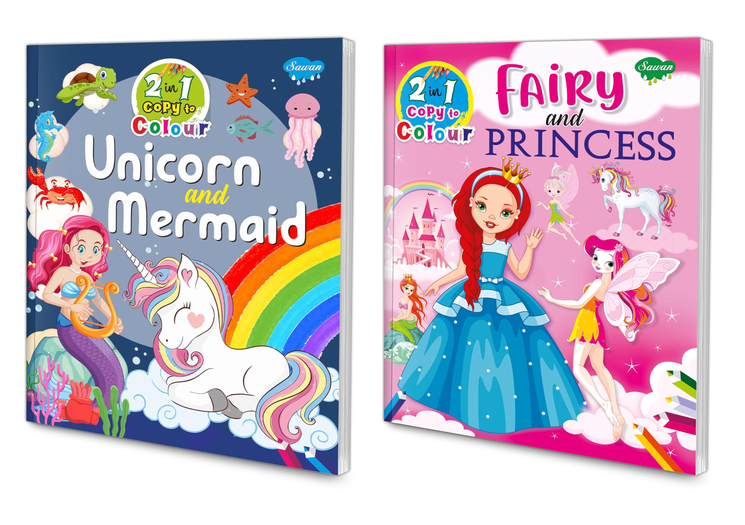 Unicorn & Mermaid And Fairy & Princess Copy To Colour Book For Kids : Copy Colour Book, Princess Colouring Book, Colouring Book For Kids | 2 In 1 Copy Colouring Book.