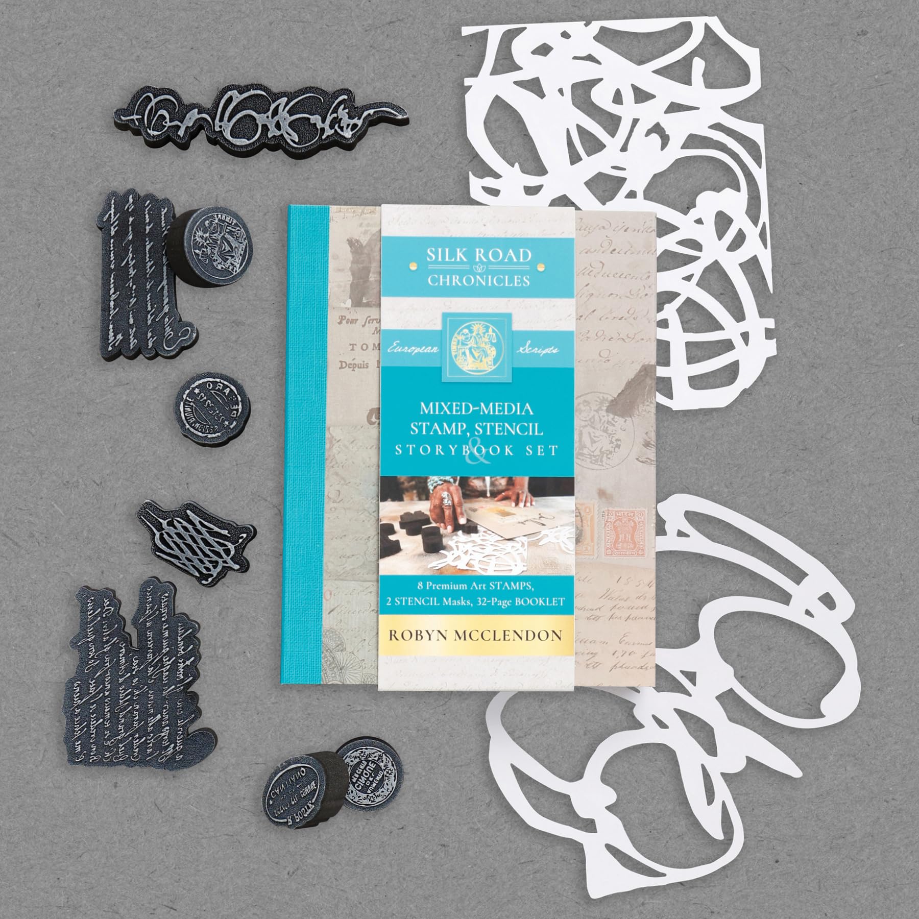 MixedMedia Stamp, Stencil, And Storybook Set European Scripts: 8 Premium Art Stamps, 2 Stencil Masks, And 32Page Instruction B