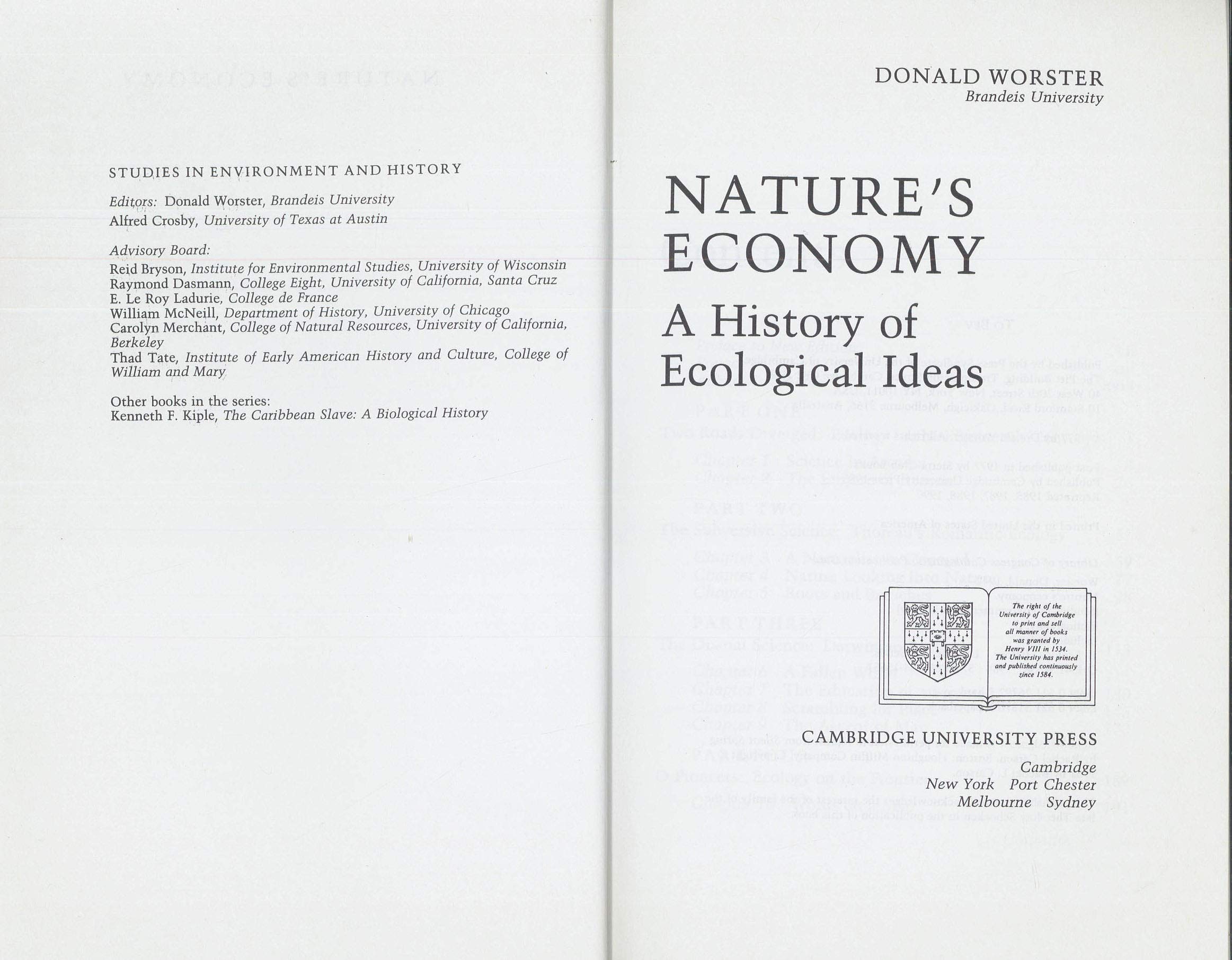 Nature's Economy: A History of Ecological Ideas (Studies in Environment and History),Used