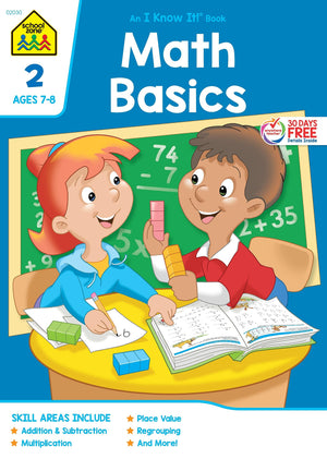 School Zone  Math Basics 2 Workbook  32 Pages, Ages 7 To 8, Grade 2, Addition, Subtraction, Multiplication, Place Value, And M,New