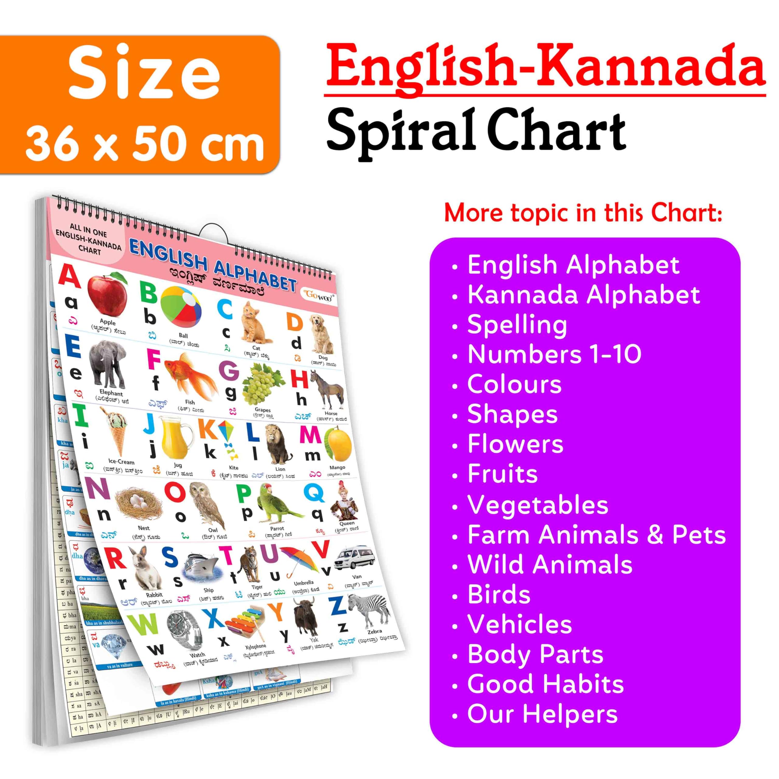 English-Kannada Chart For Kids (16 Charts ) 36 X 50 Cm - Children Spiral Wall Picture Chart