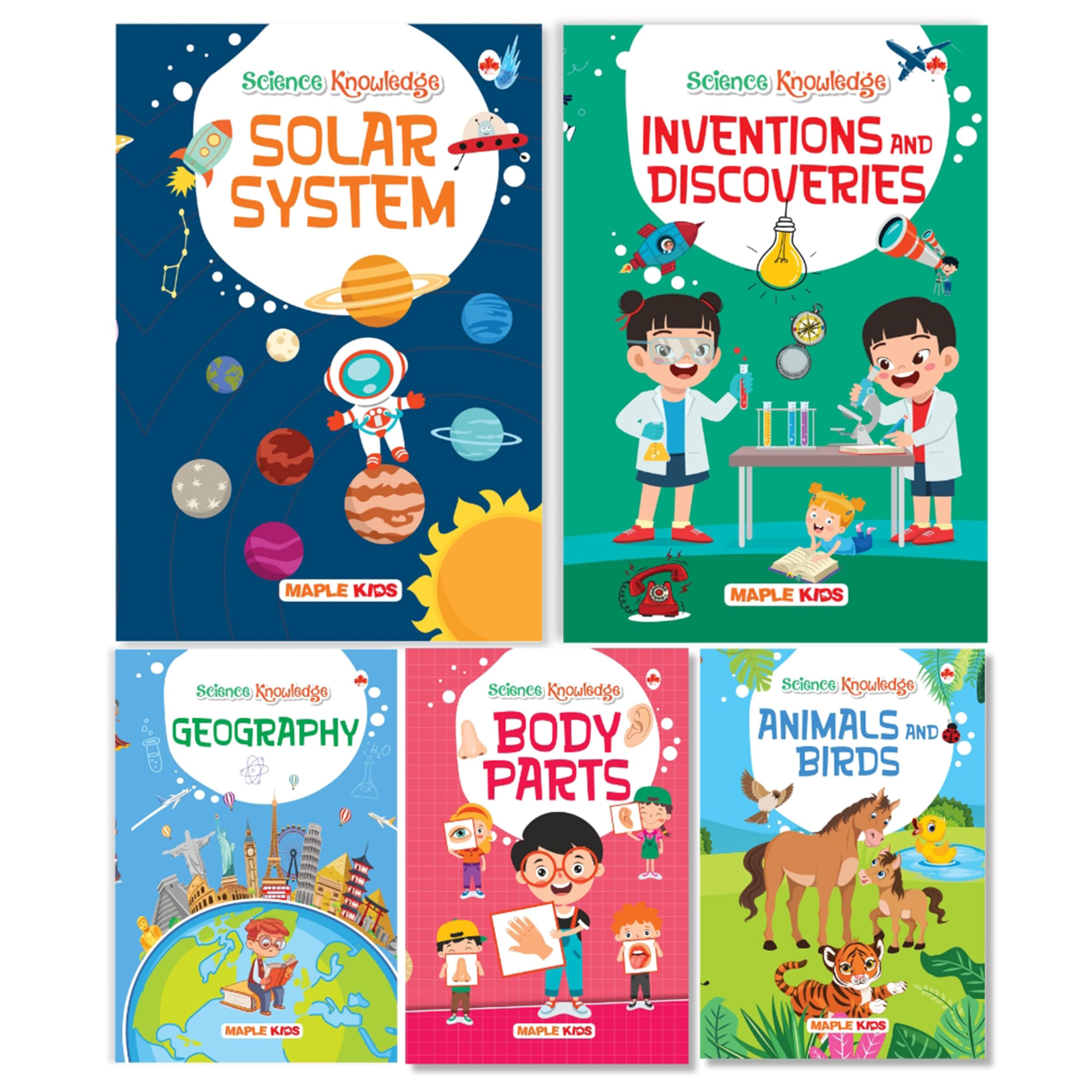 Science Books For Kids - Knowledge Books (Set Of 5 Books) (Illustrated) - Geography - Solar System - Animals And Birds - Body Parts - Inventions And Discoveries - Nature - Planets - Age 7+
