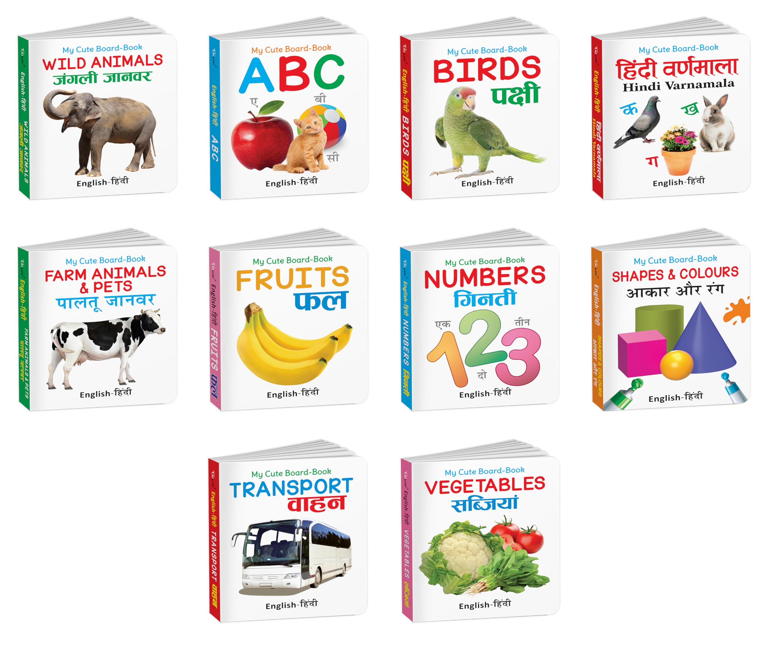 My Cute Board Book Abc, Transport, Hindi Varnmala, Birds, Wild Animals & More Books (Eng-Hindi) : Board Books For Kids, Children Learning Board Book, First Learning Board Books | Set Of 10 Books