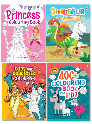 Colouring Books (Set Of 4 Books) - Princesses, Dinosaurs, Gods And Goddesses, Shapes, Numbers, Flags, Festivals, Games, Clothes, Transport - Gift To Children For Painting, Drawing And Colouring - Coloring Activity Books - Age 3+