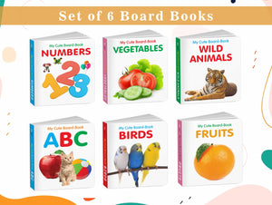 My First Cute Board Book All In One Learning Book For Children : Abc, Numbers, Fruits, Vegetables, Wild Animals, Birds - Picture Books For Toddlers, Baby Board Books | Pack Of 6 Books