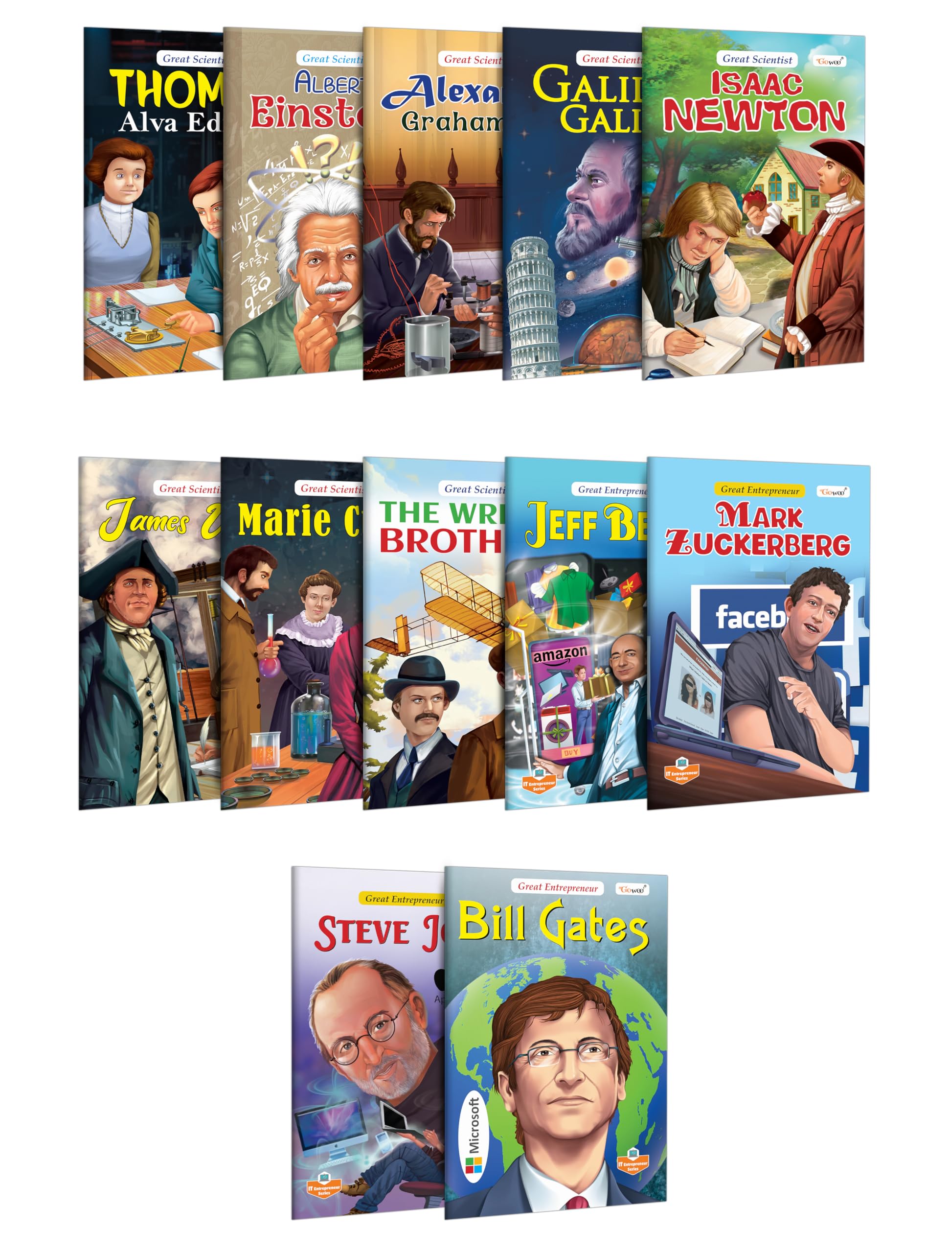 WorldS Greatest Scientists And Enterpreneurs : Albert Einstein, Alexander Graham Bell, Bill Gates, Steve Jobs, Mark Zuckerberg, Jeff Bezos And More - Inspiring Scientists Stories | Set Of 12 Books